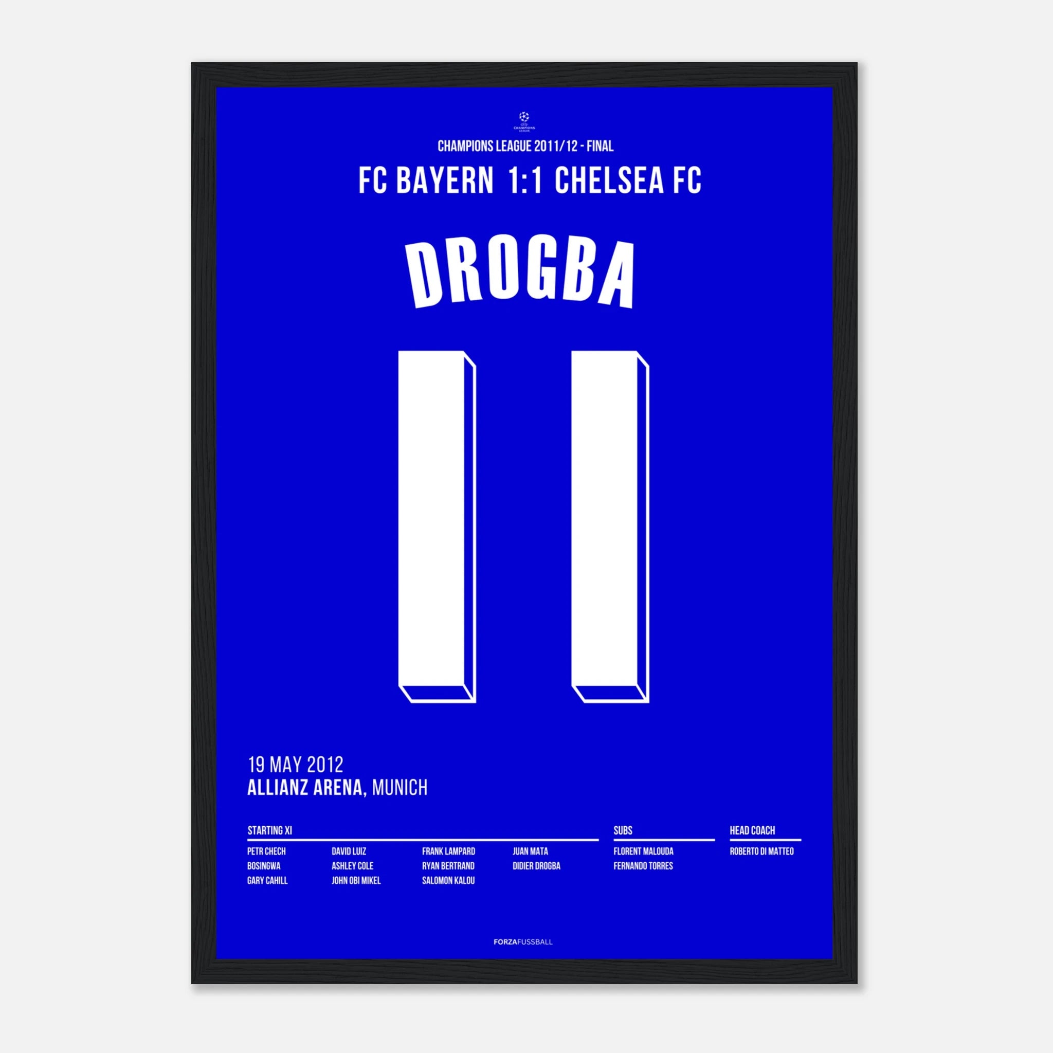 Drogba führt Chelsea zum Champions League Sieg Fußball Poster mit Rahmen
