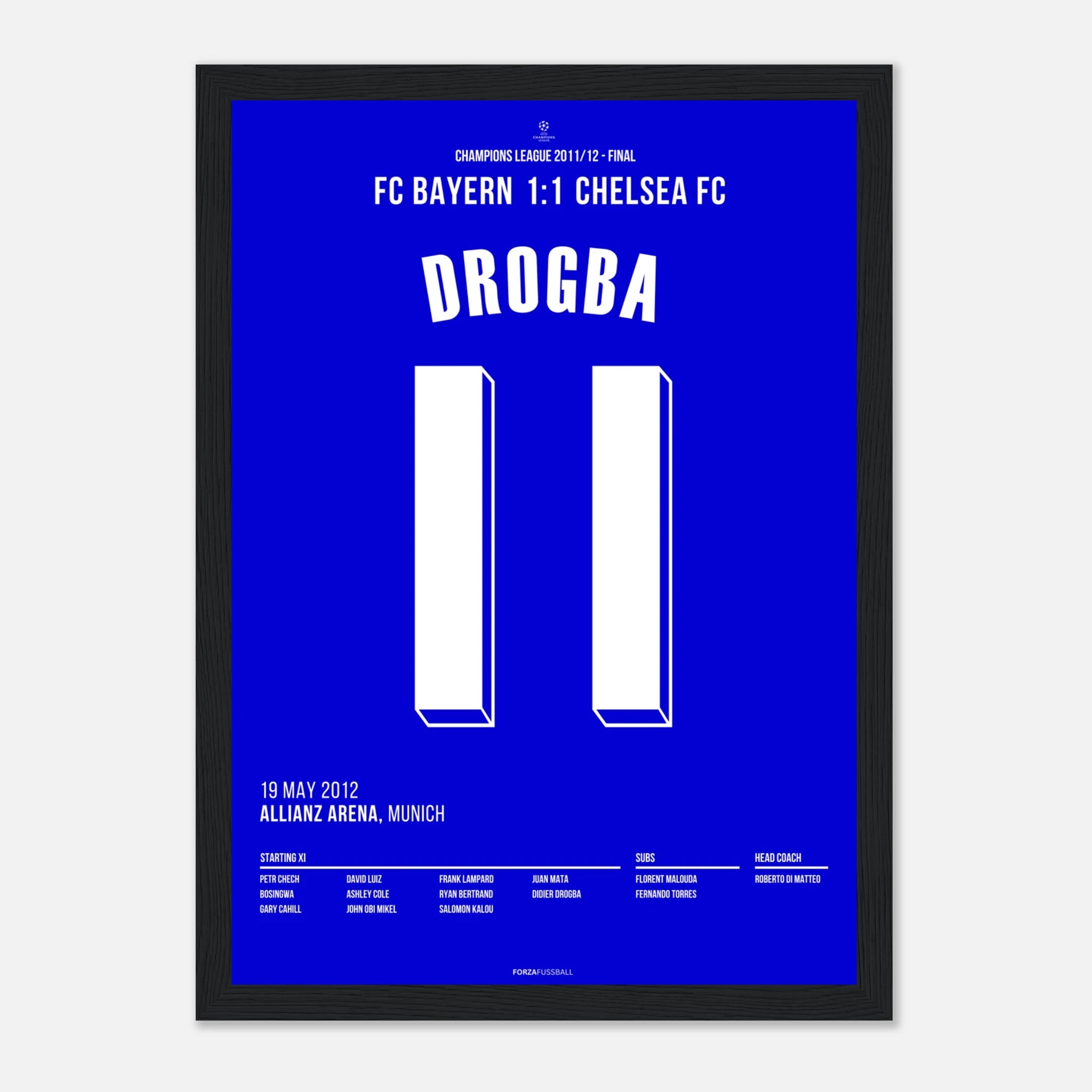 Drogba führt Chelsea zum Champions League Sieg Fußball Poster mit Rahmen