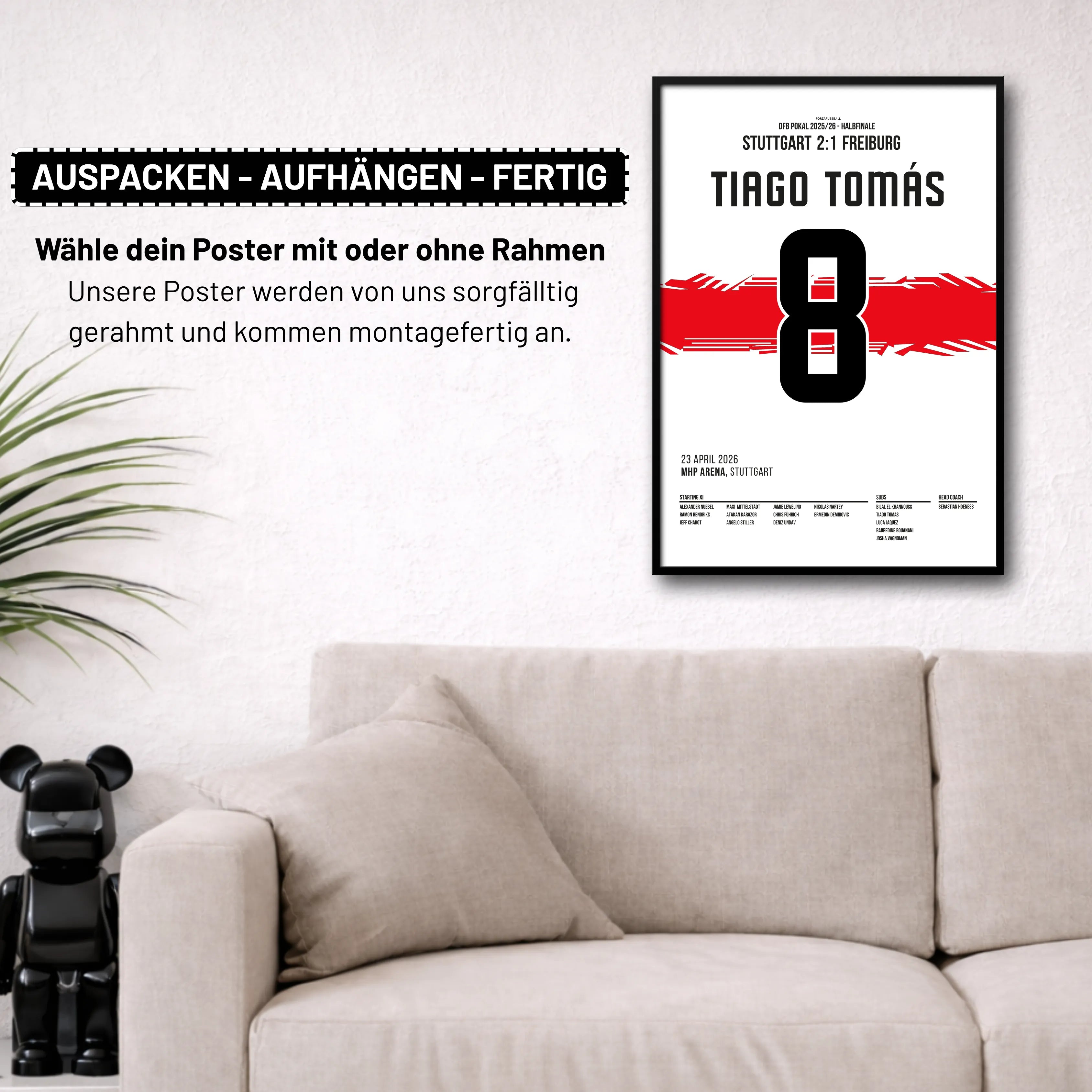 Tiago Tomas schickt Stuttgart per Hacke erneut nach Berlin Fußball Poster mit Rahmen