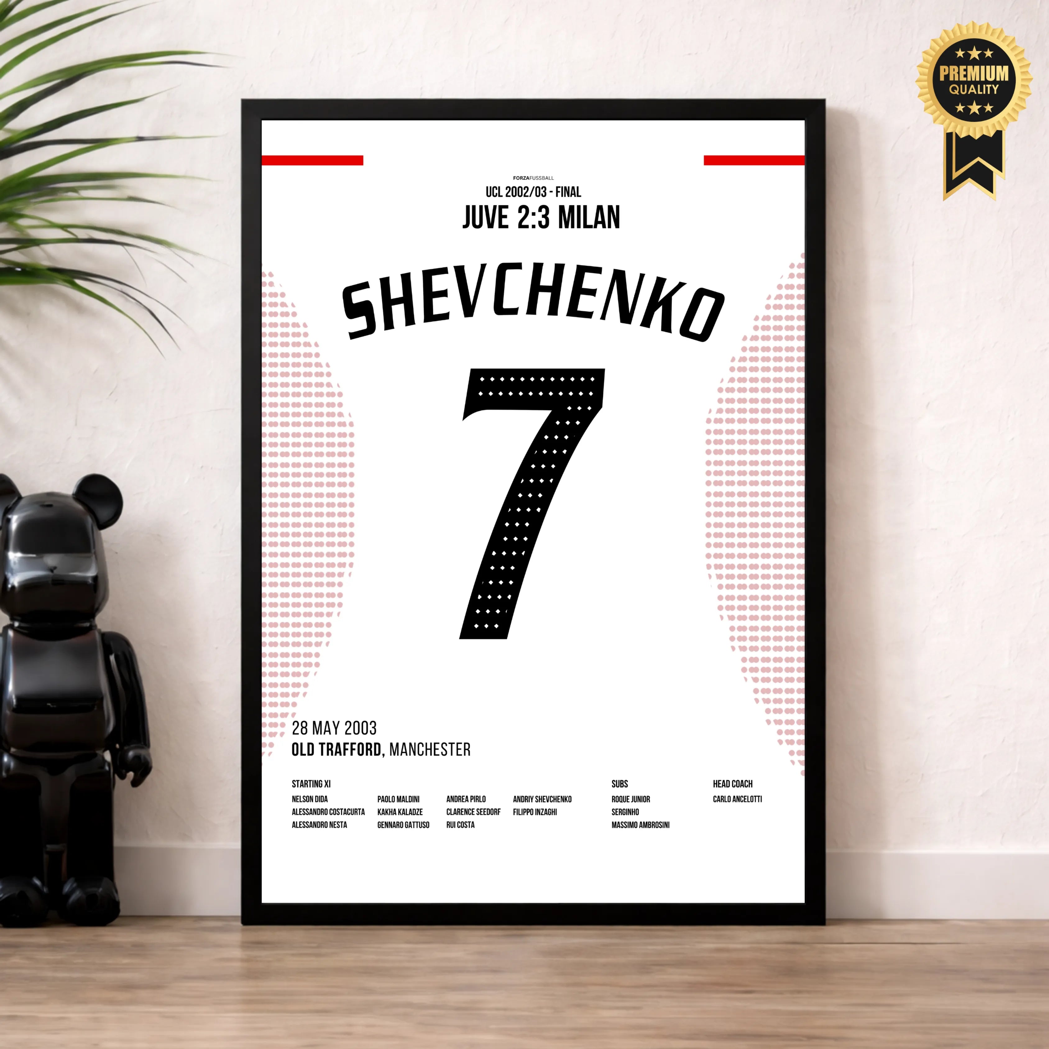 Shevchenko entscheidet das CL Finale 2003 gegen Juve Fußball Poster mit Rahmen