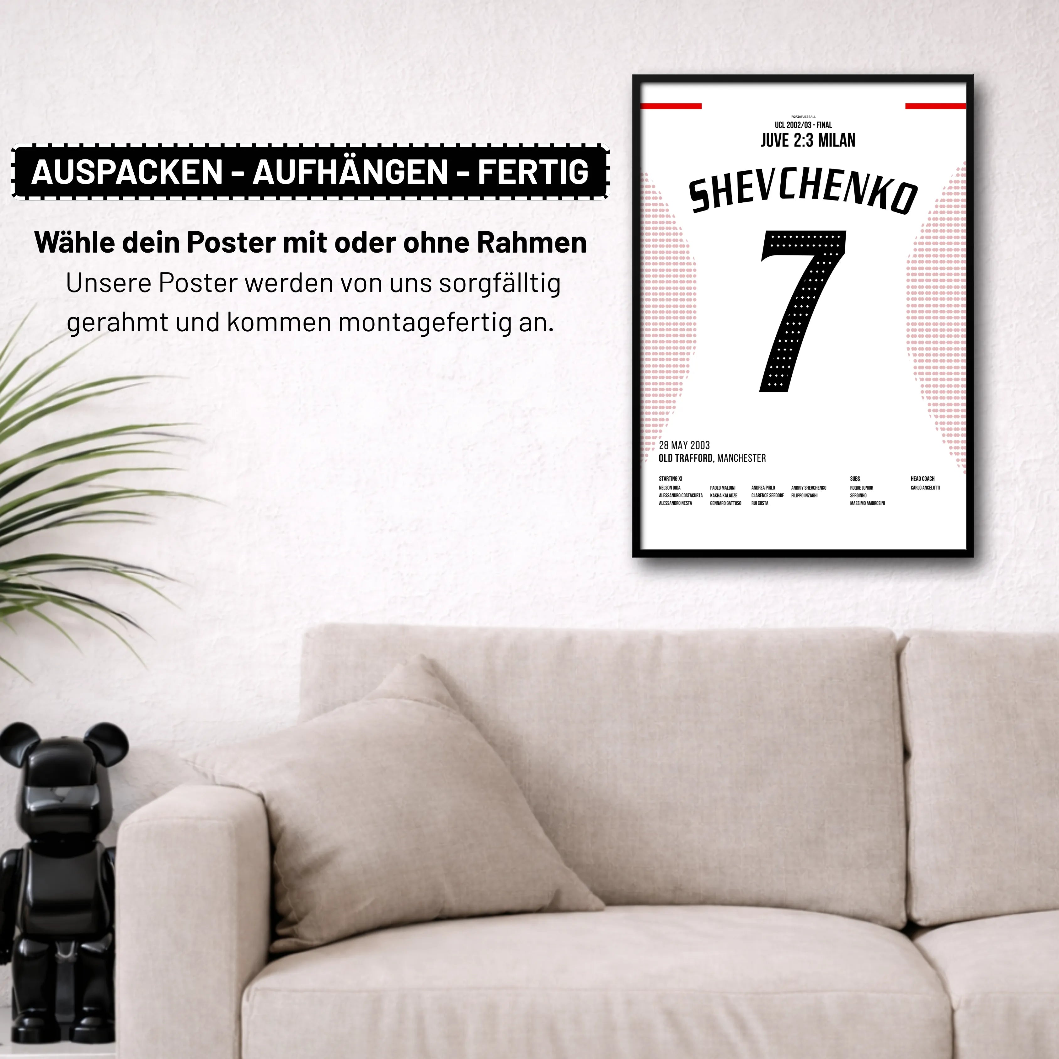 Shevchenko entscheidet das CL Finale 2003 gegen Juve Fußball Poster mit Rahmen