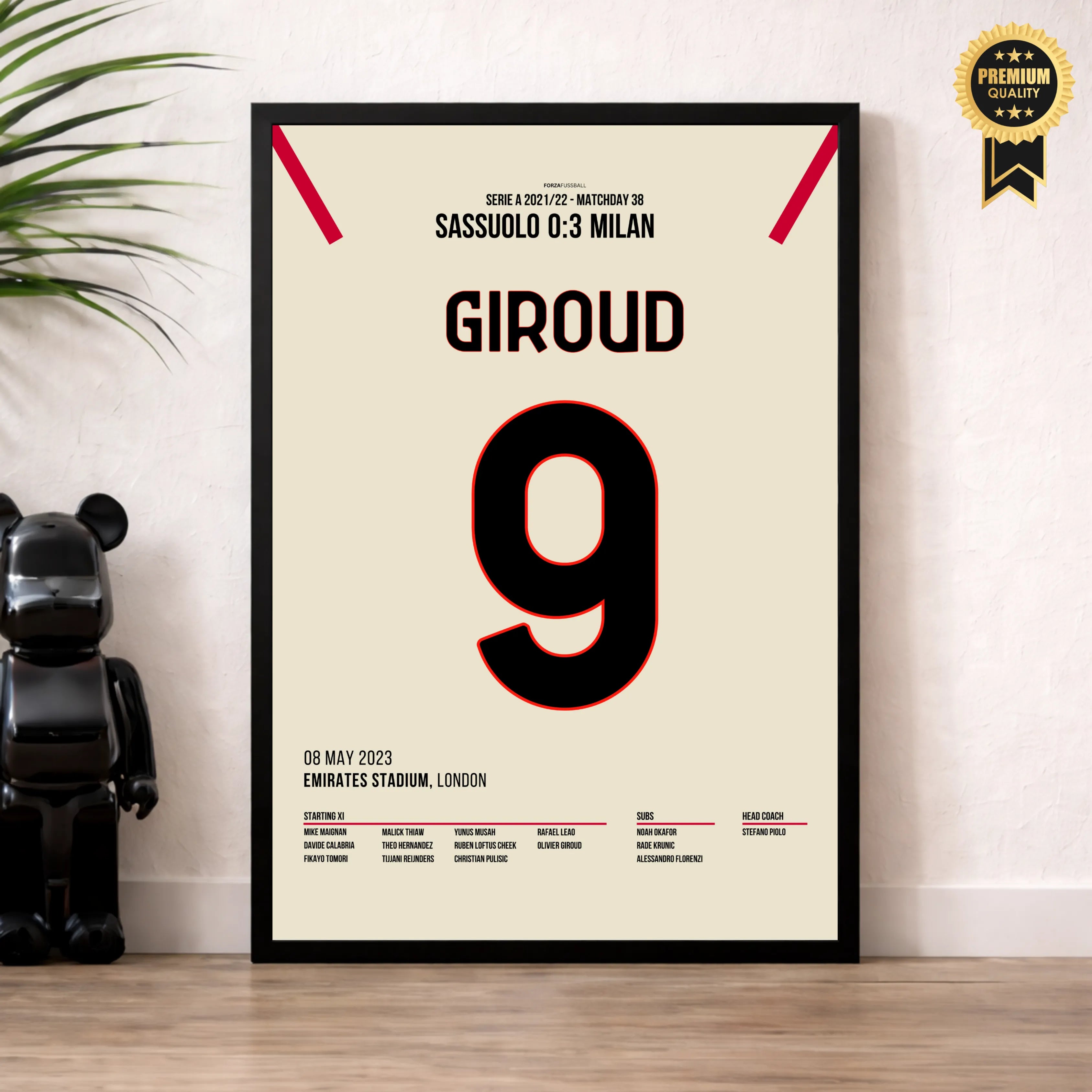 Giroud's Doppelpack vs Sassuolo führt Milan zum Titel Fußball Poster mit Rahmen