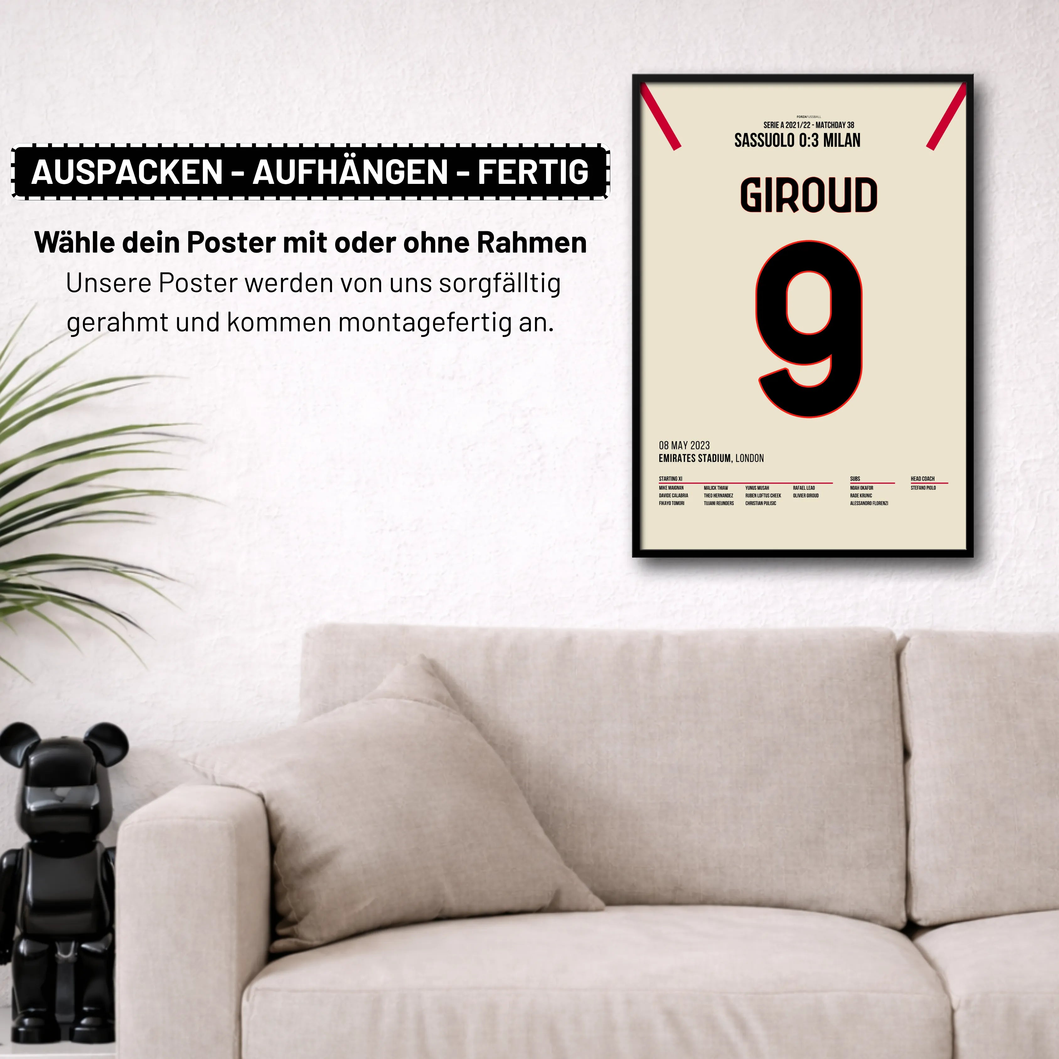 Giroud's Doppelpack vs Sassuolo führt Milan zum Titel Fußball Poster mit Rahmen