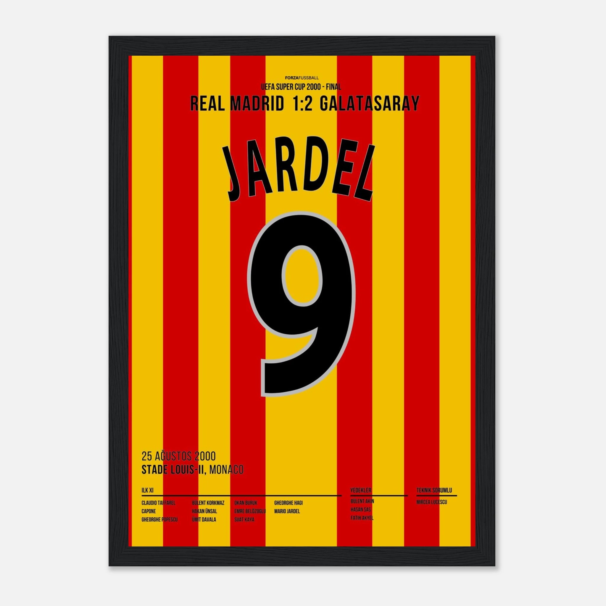 Mario Jardel köpft Gala zum UEFA Super Cup Sieg im Finale gegen Real Madrid Fußball Poster mit Rahmen