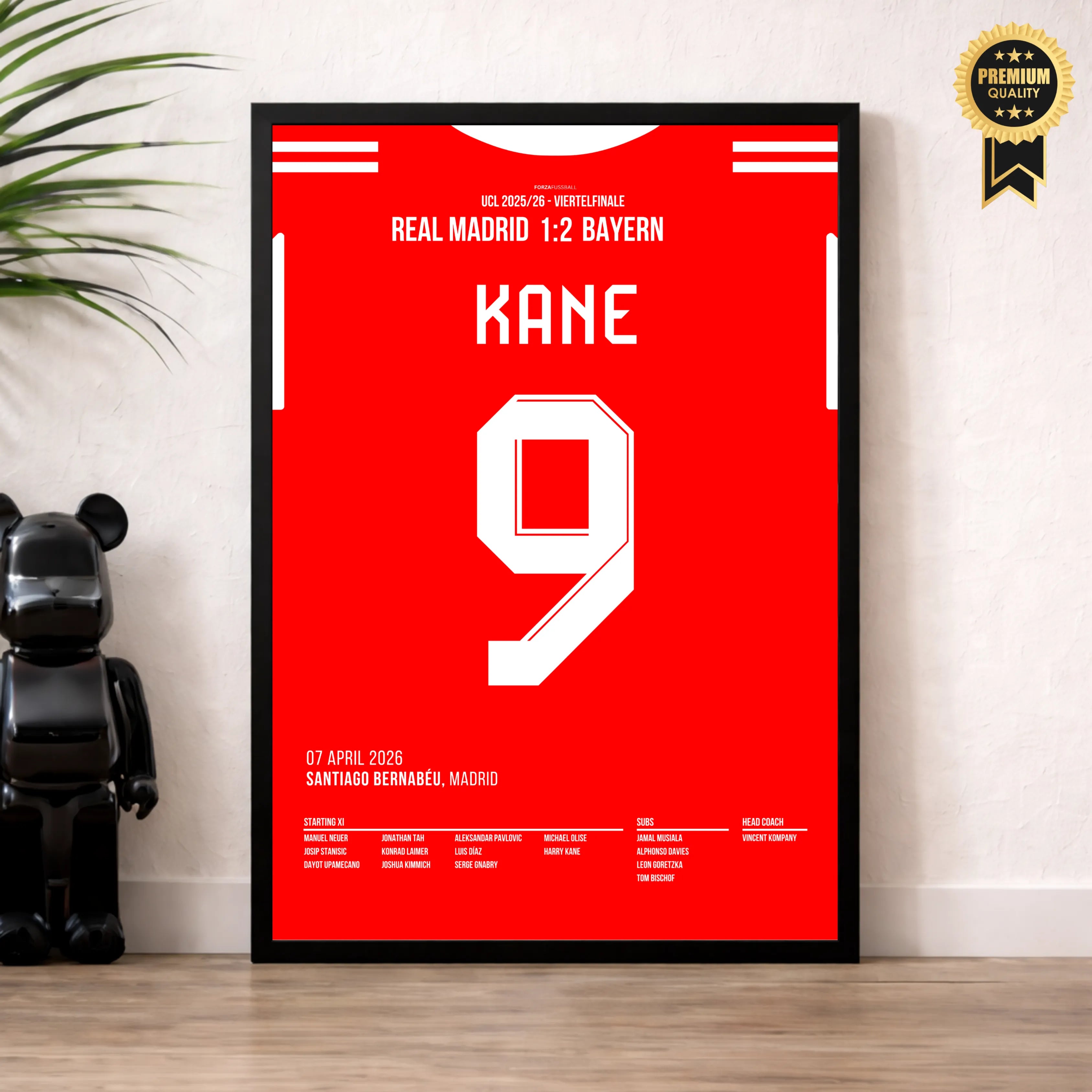 Harry Kane's Schlenzer verstummt das Bernabeu Fußball Poster mit Rahmen