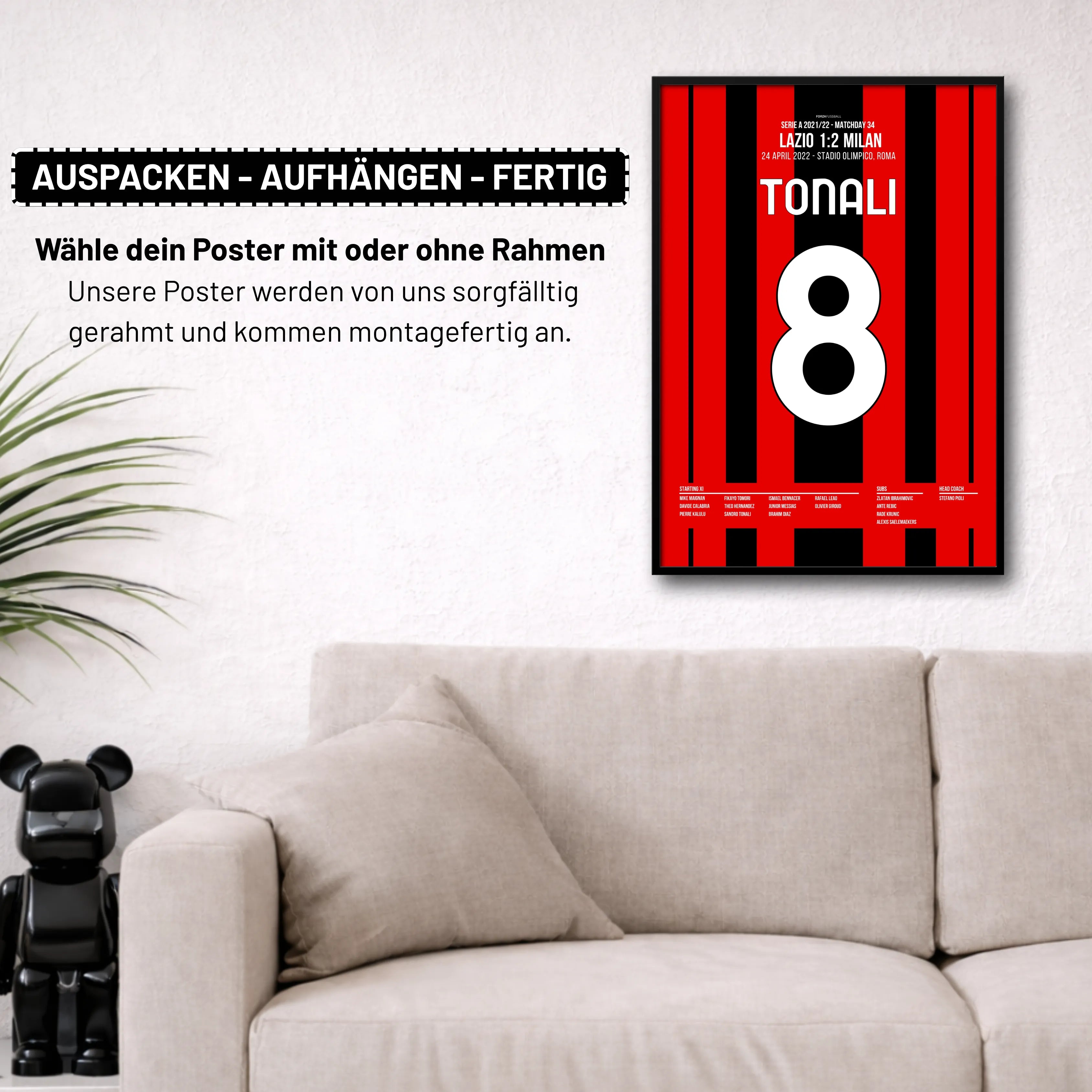 Tonali's Scudetto Tor gegen Lazio in der 92. Minute Fußball Poster mit Rahmen