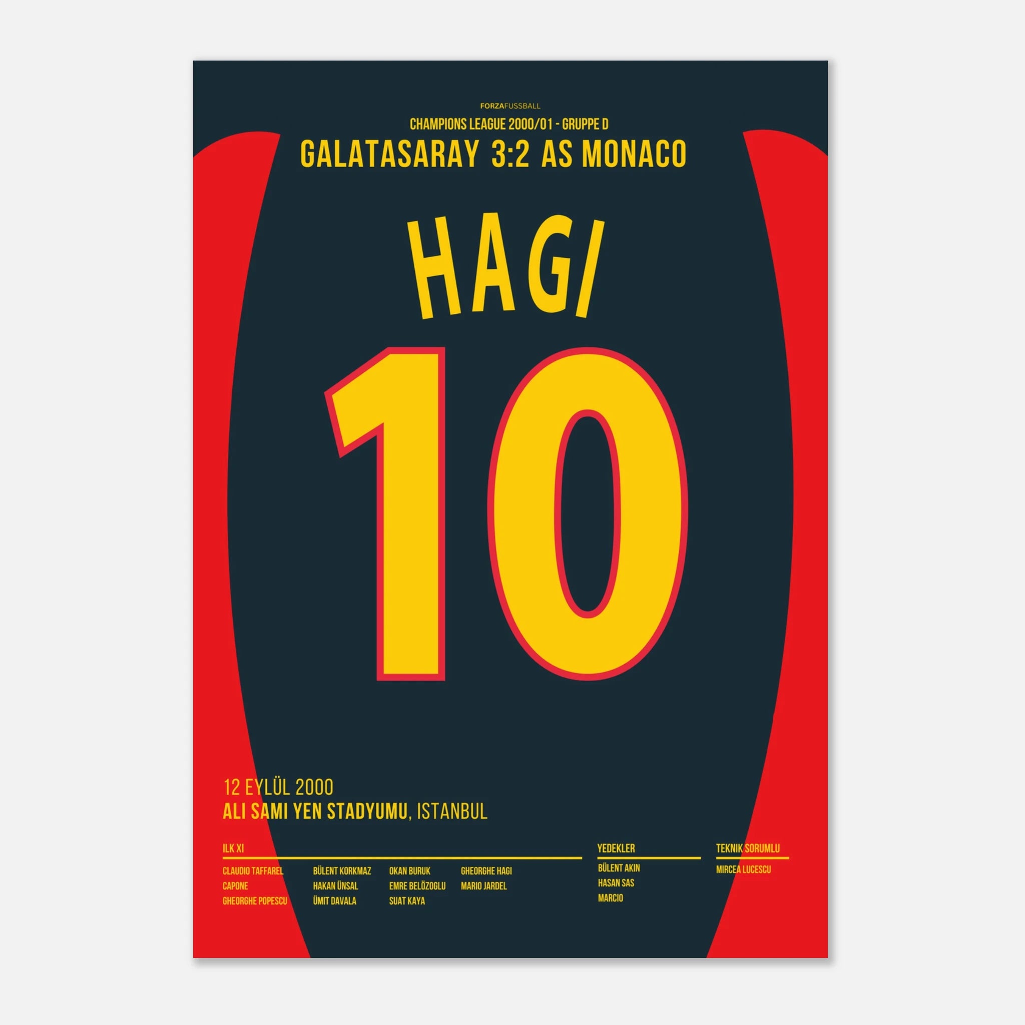 Hagi mit dem Traumtor zum Sieg gegen Monaco Fußball Poster mit Rahmen
