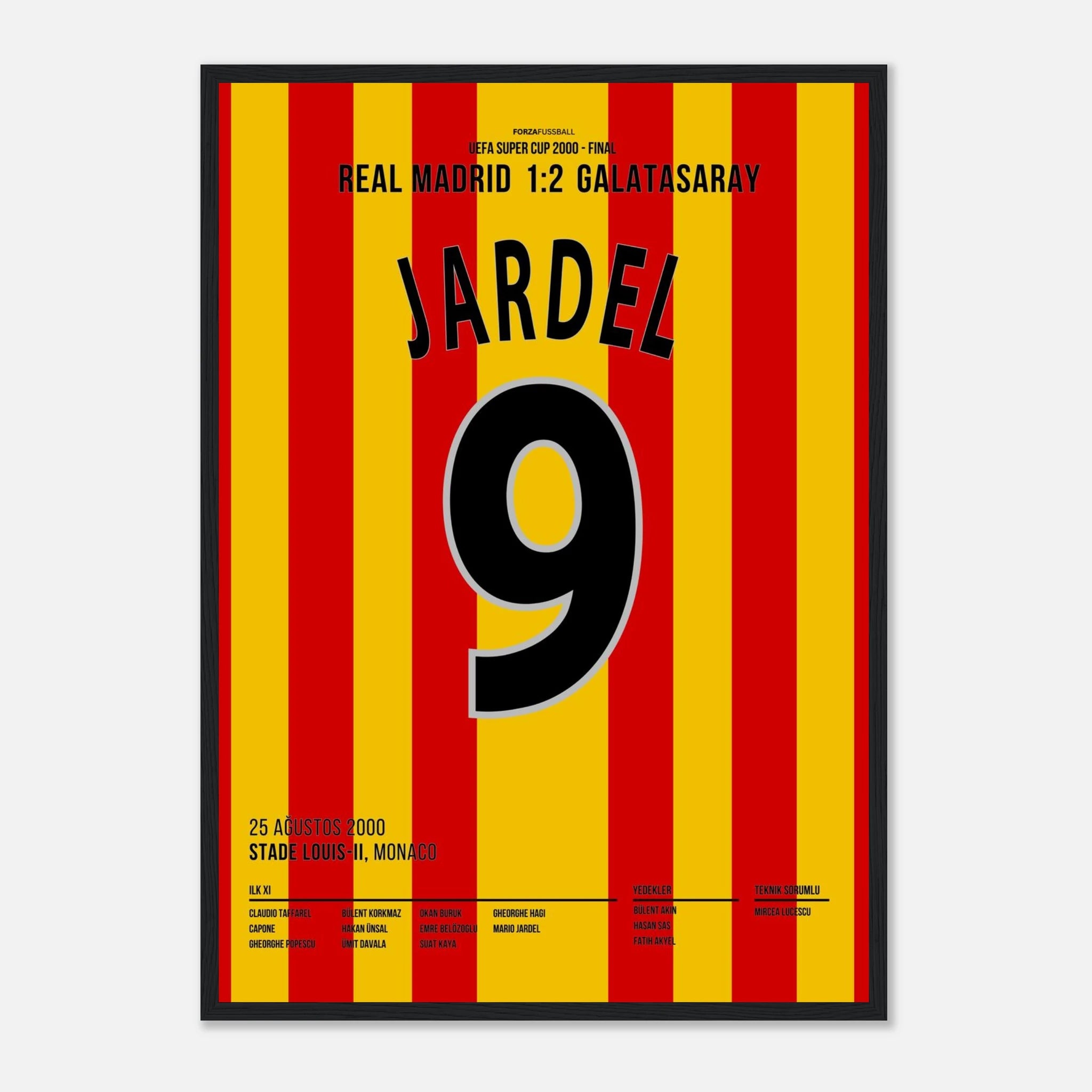 Mario Jardel köpft Gala zum UEFA Super Cup Sieg im Finale gegen Real Madrid Fußball Poster mit Rahmen