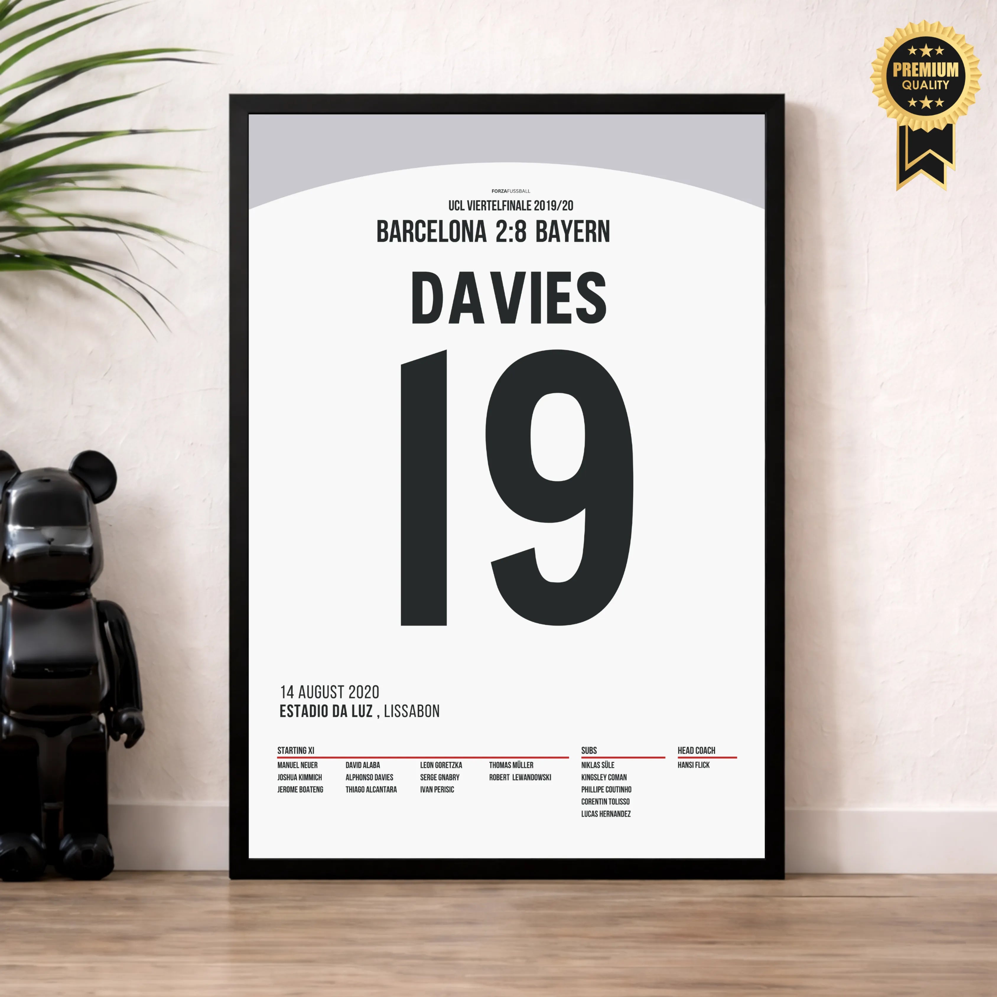 Alphonso Davies tanzt mit Barca´s Abwehr und assistiert Kimmich Fußball Poster mit Rahmen