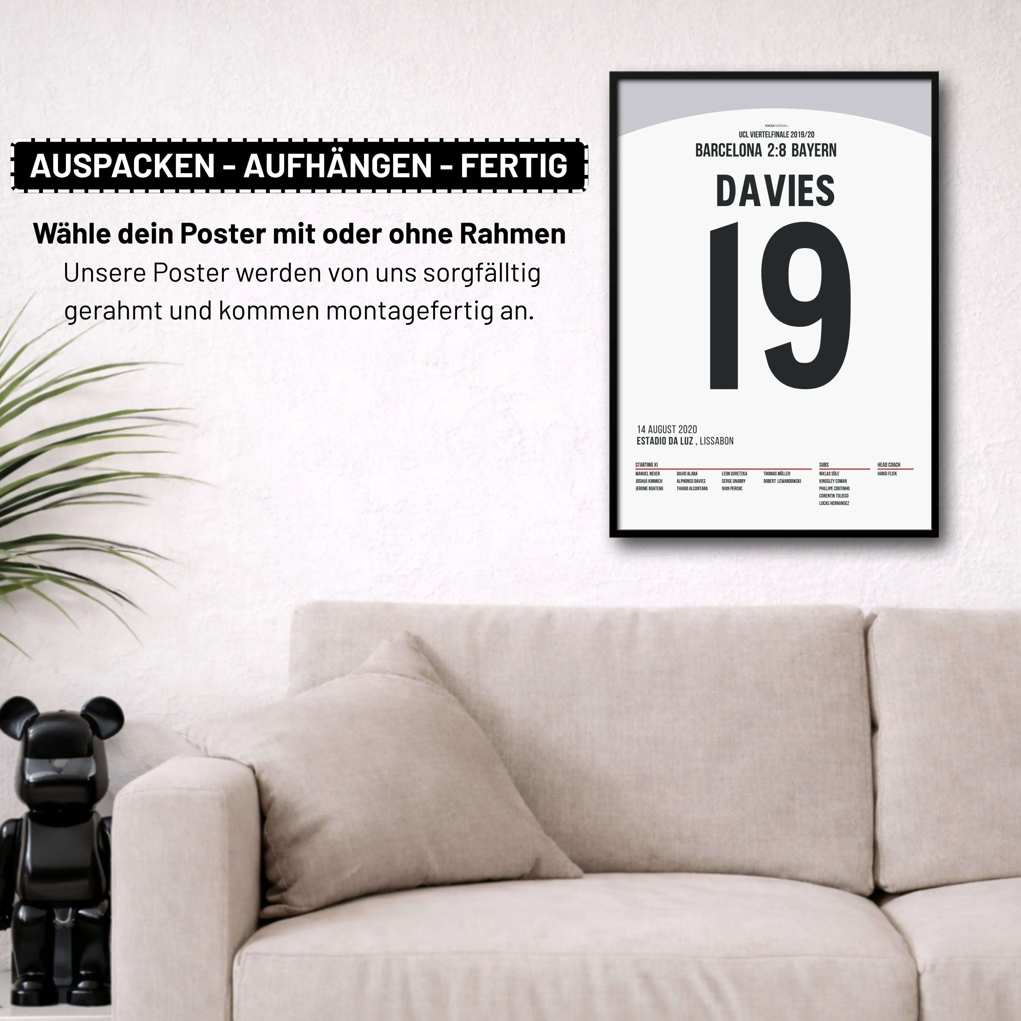 Alphonso Davies tanzt mit Barca´s Abwehr und assistiert Kimmich Fußball Poster mit Rahmen