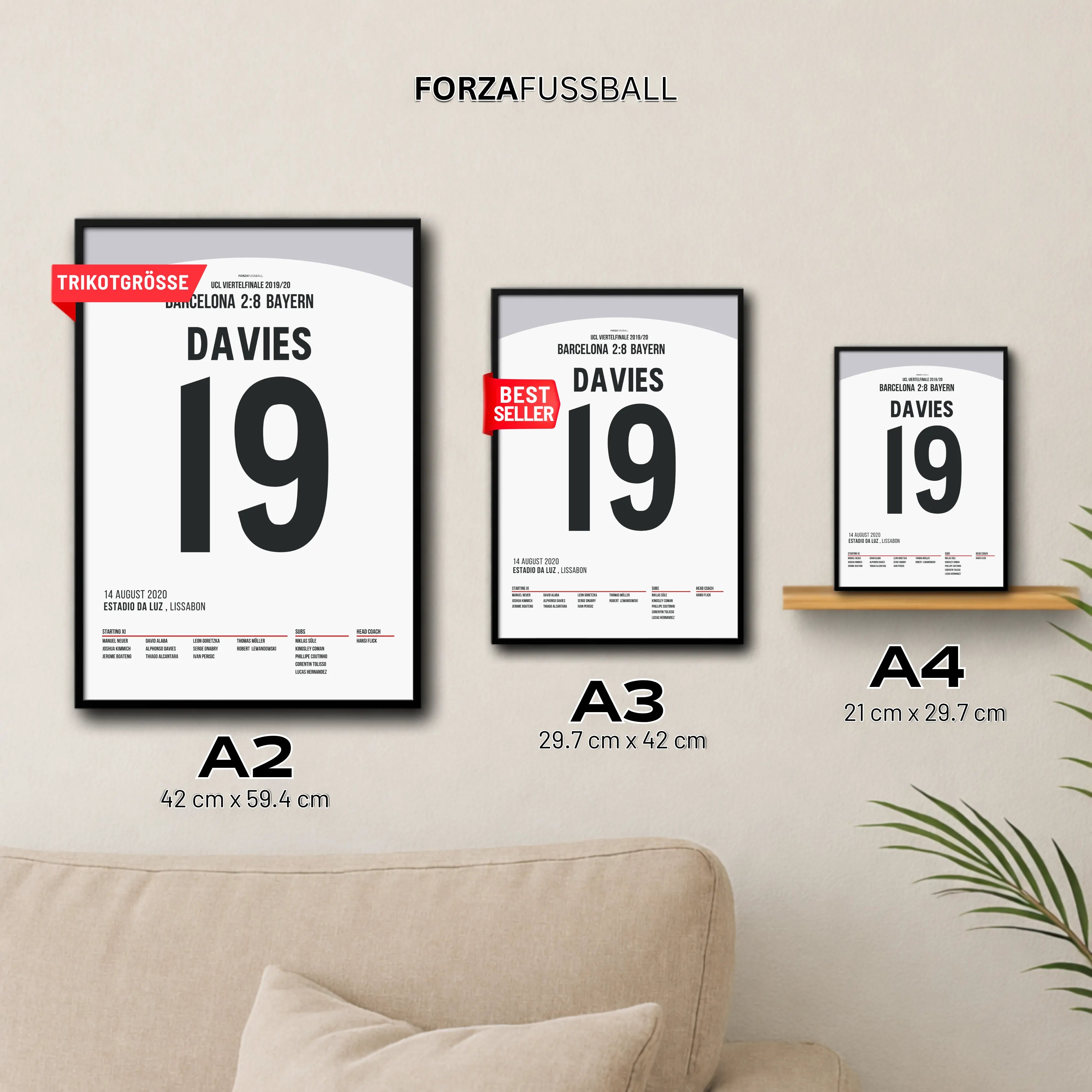 Alphonso Davies tanzt mit Barca´s Abwehr und assistiert Kimmich Fußball Poster mit Rahmen