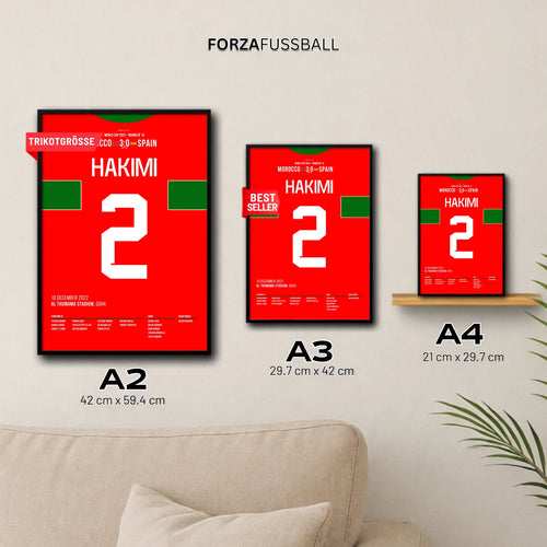 Hakimi mit Panenka! Marokko schlägt Spanien im Elfmeterschießen Fußball Poster mit Rahmen