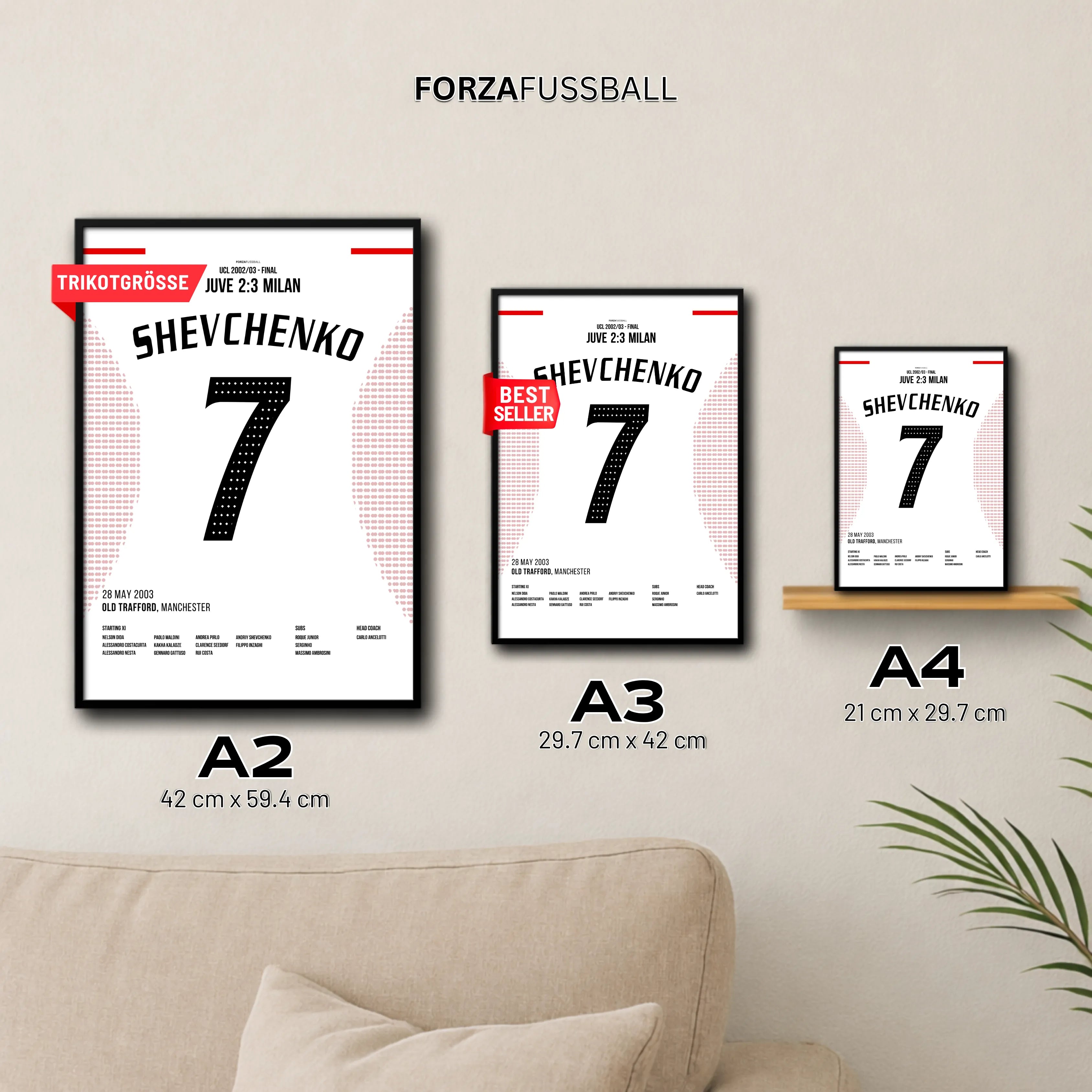 Shevchenko entscheidet das CL Finale 2003 gegen Juve Fußball Poster mit Rahmen