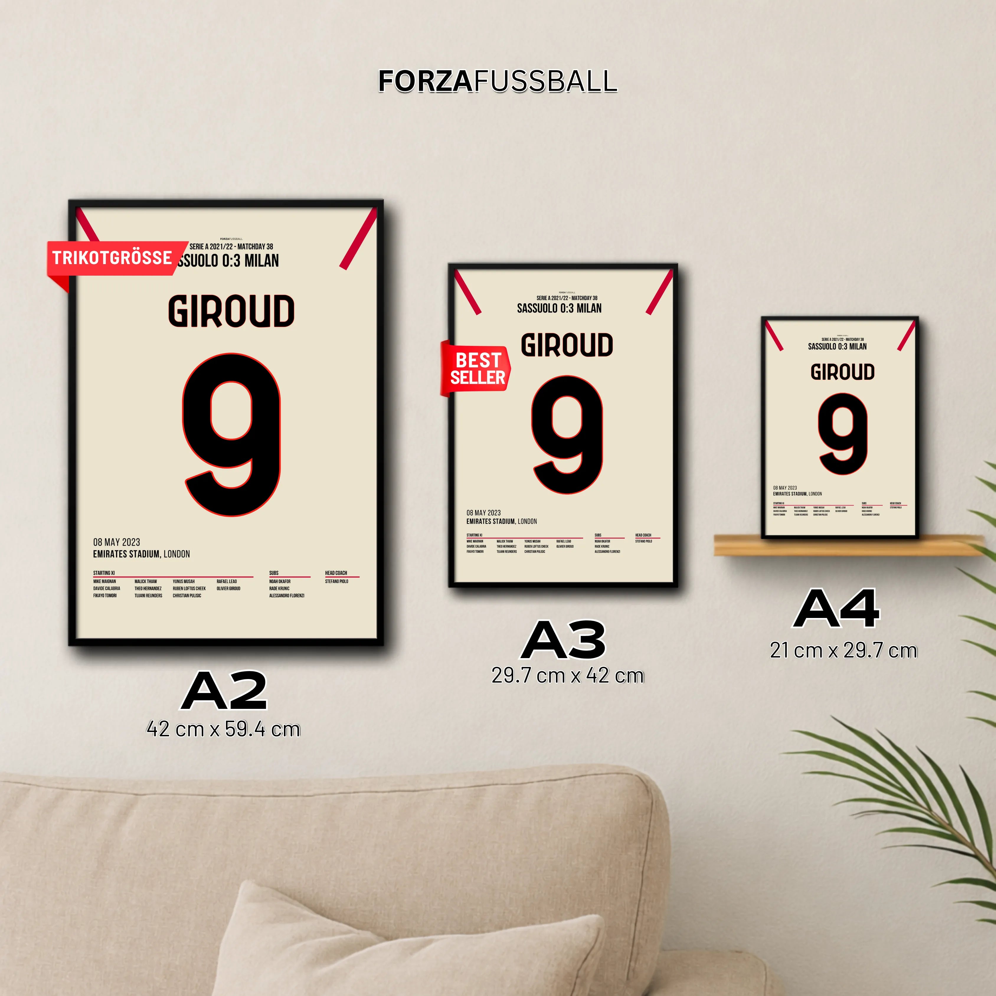 Giroud's Doppelpack vs Sassuolo führt Milan zum Titel Fußball Poster mit Rahmen