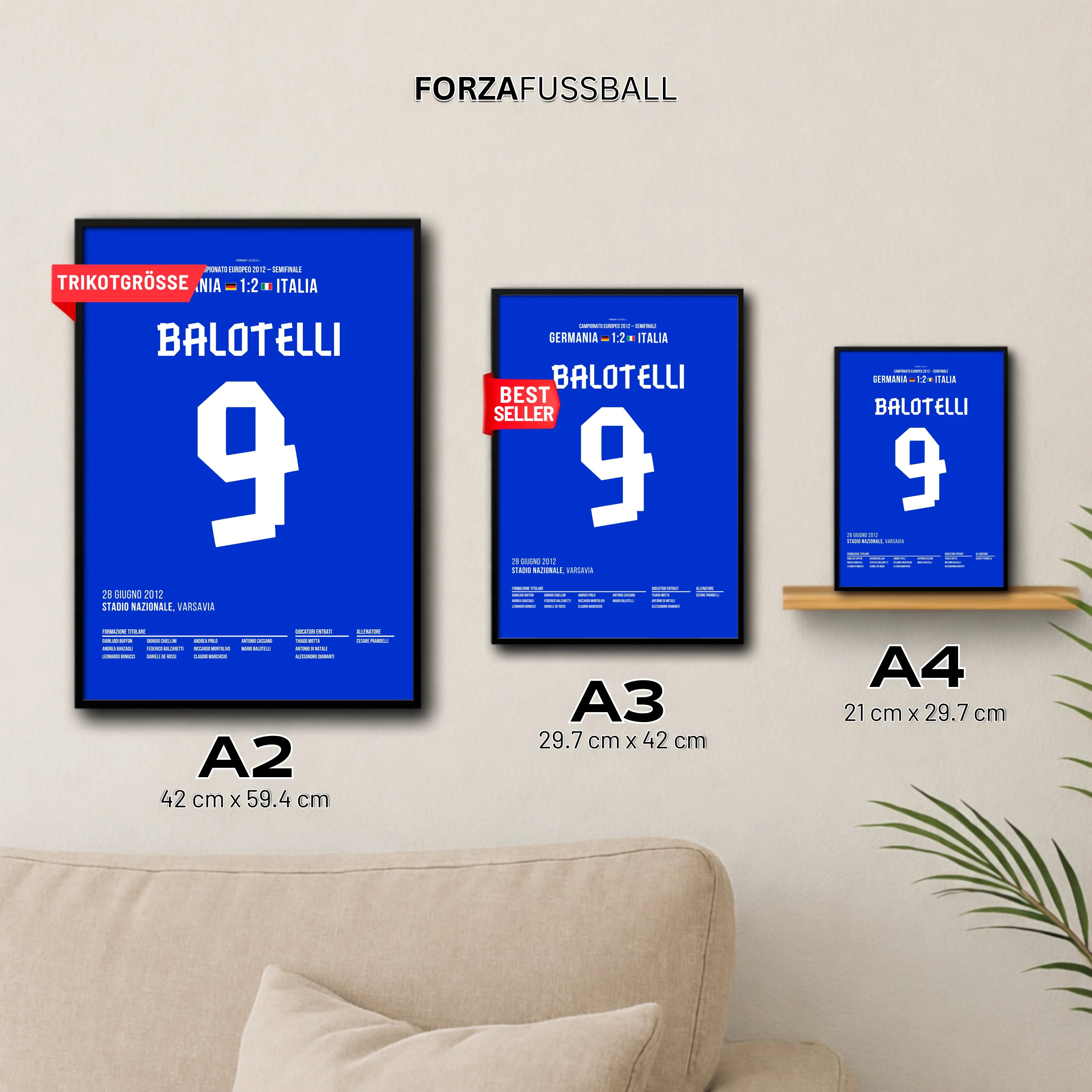 Balotelli´s Doppelpack entscheidet das Halbfinale gegen Deutschland Fußball Poster mit Rahmen