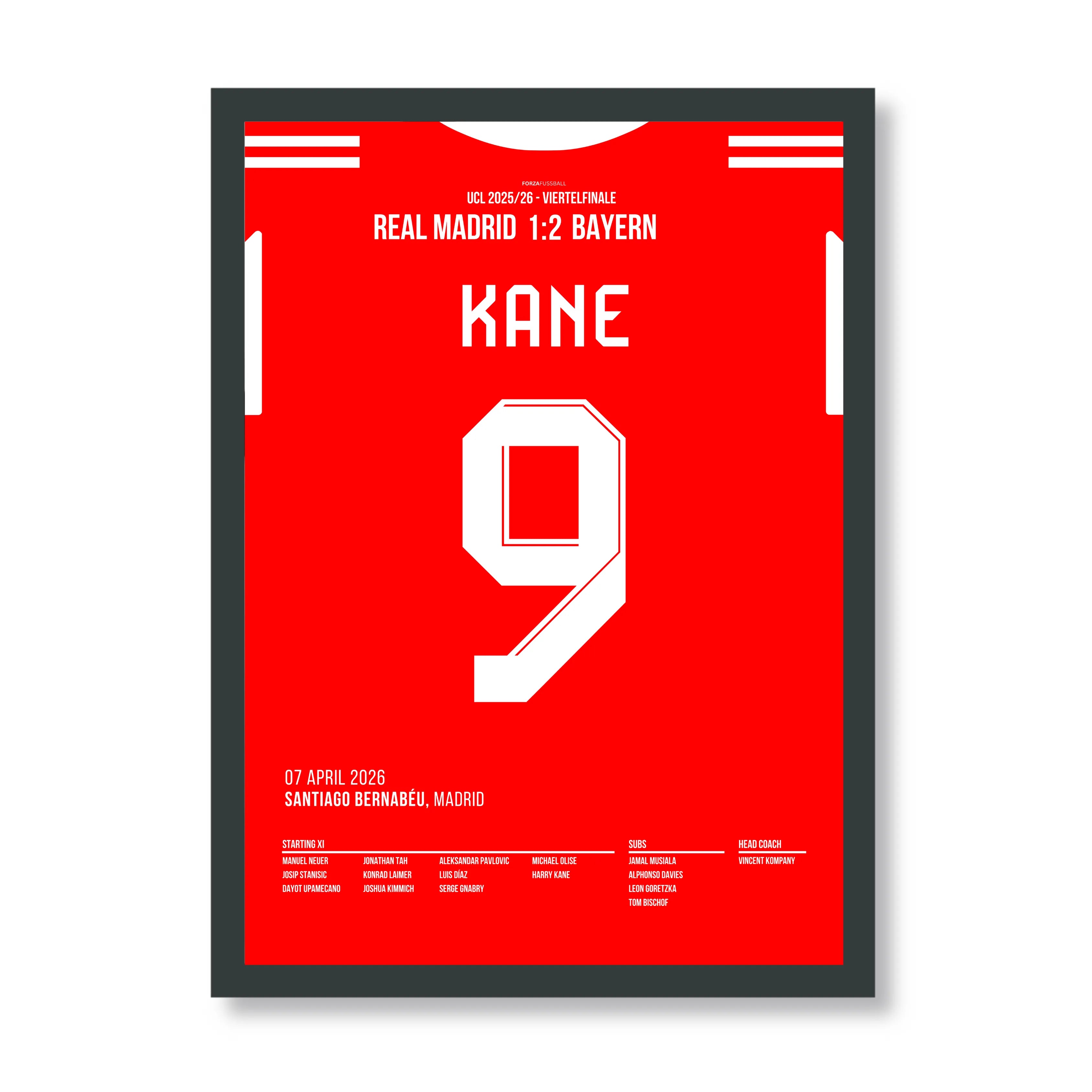 Harry Kane's Schlenzer verstummt das Bernabeu Fußball Poster mit Rahmen
