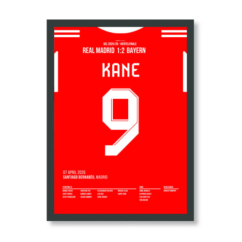 Harry Kane's Schlenzer verstummt das Bernabeu Fußball Poster mit Rahmen
