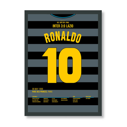Fenomeno! Ronaldo mit legendären Übersteigertor im Uefa Cup Finale 1998 Fußball Poster mit Rahmen