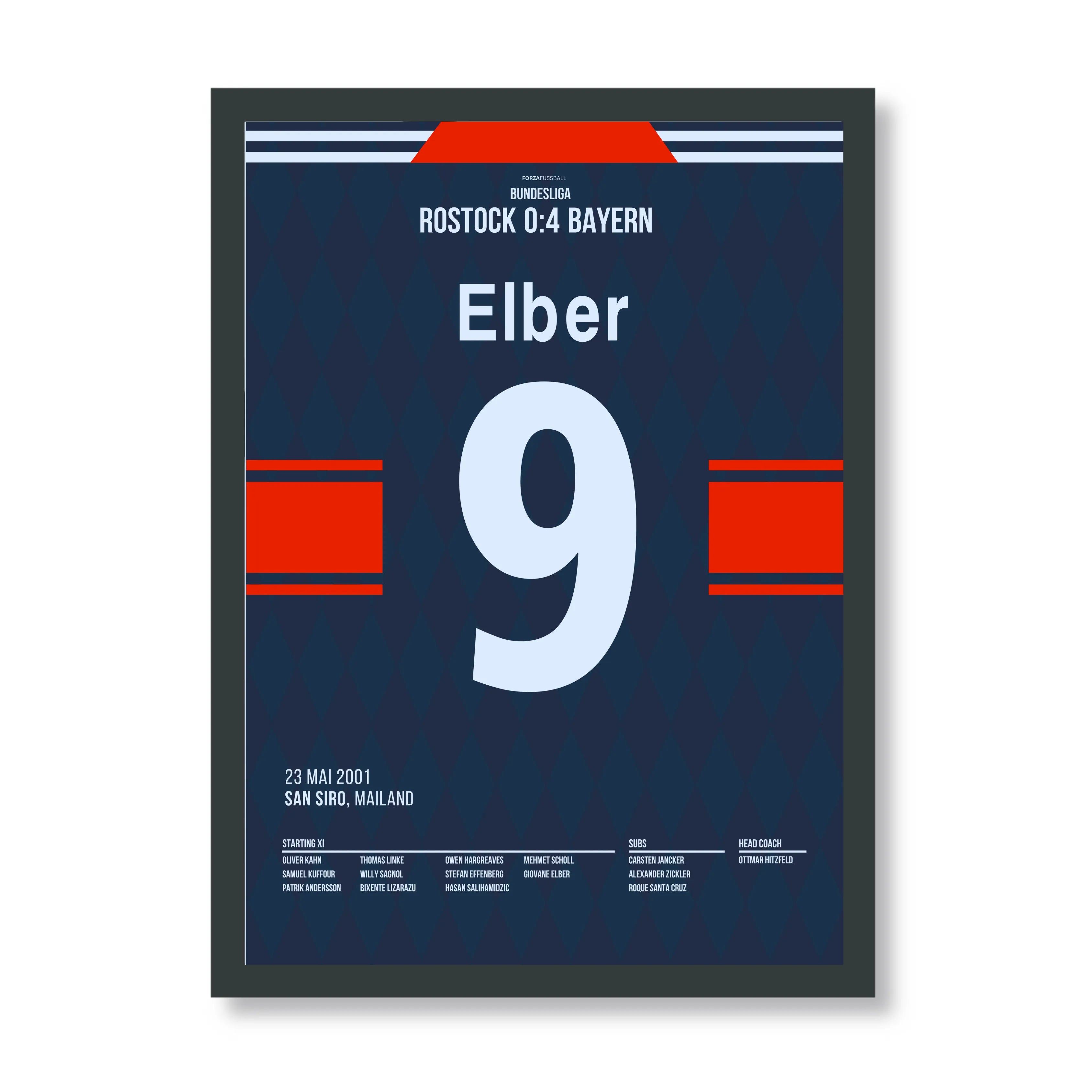 Elbers legendäres Ecken-Tor gegen Rostock Fußball Poster mit Rahmen