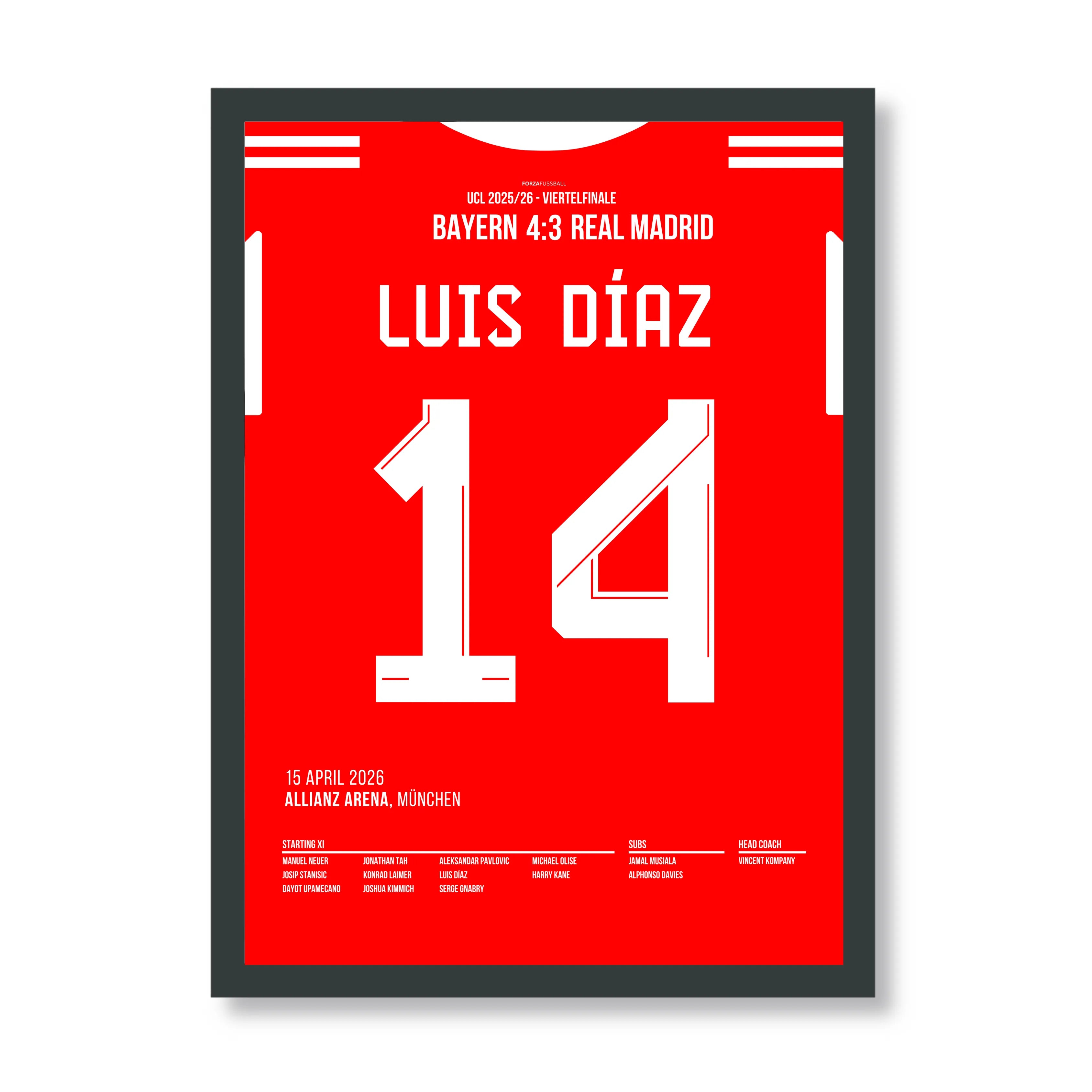 Luis Diaz wirft die Königlichen aus der UCL 25/26 Fußball Poster mit Rahmen