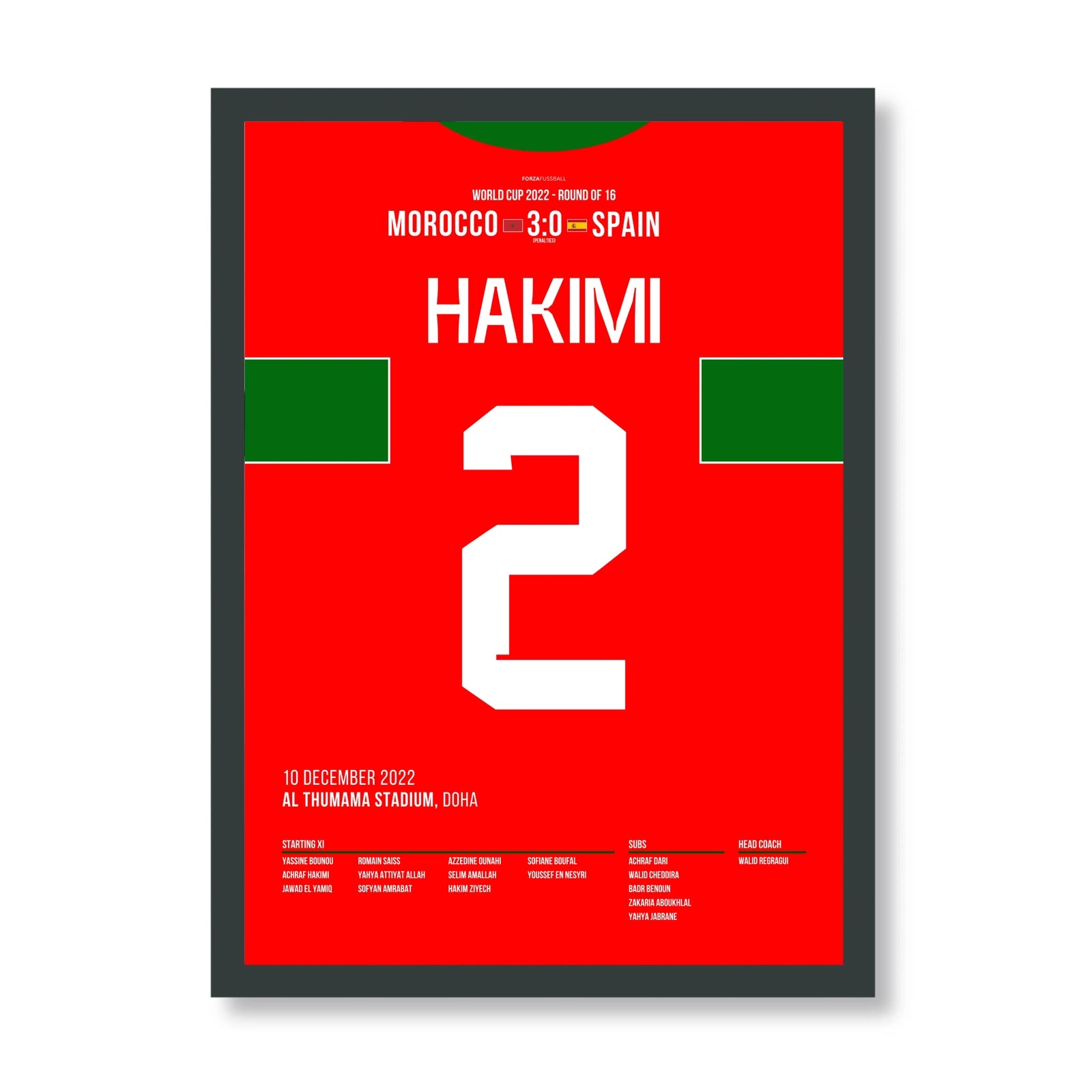Hakimi mit Panenka! Marokko schlägt Spanien im Elfmeterschießen Fußball Poster mit Rahmen