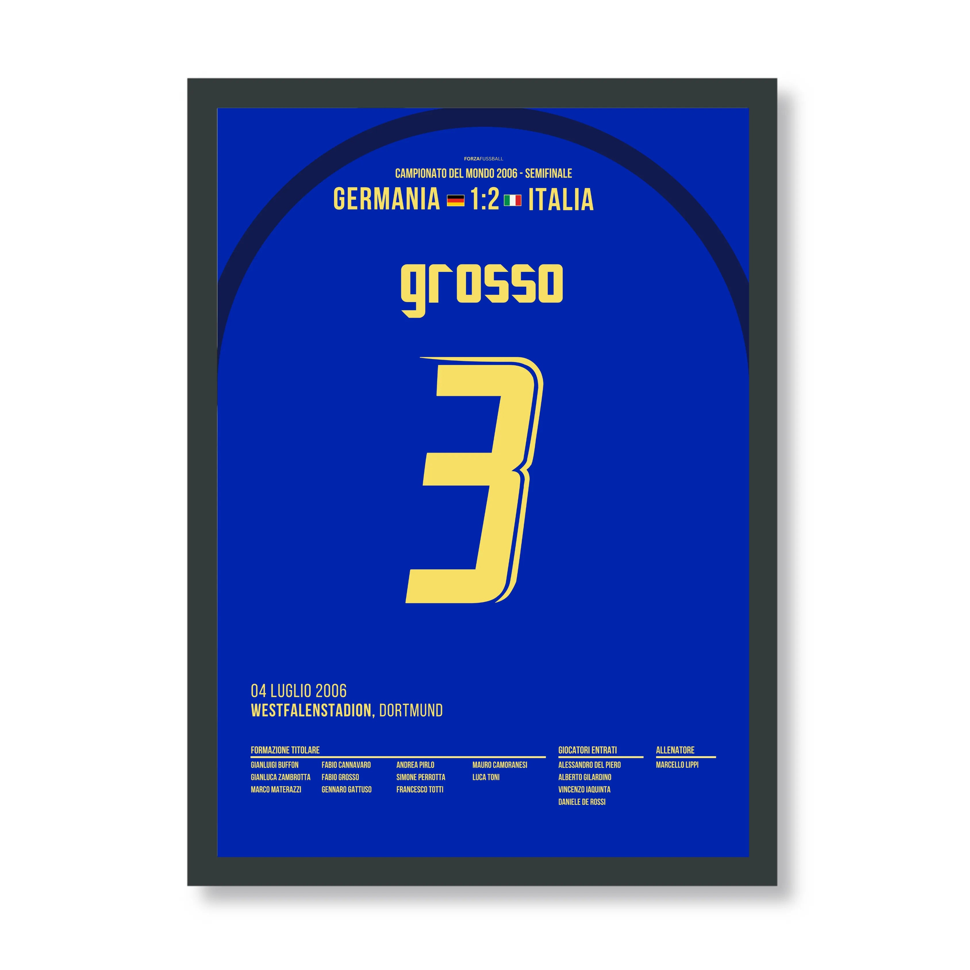 Fabio Grosso trifft in der 119. gegen Deutschland 2006 Fußball Poster mit Rahmen