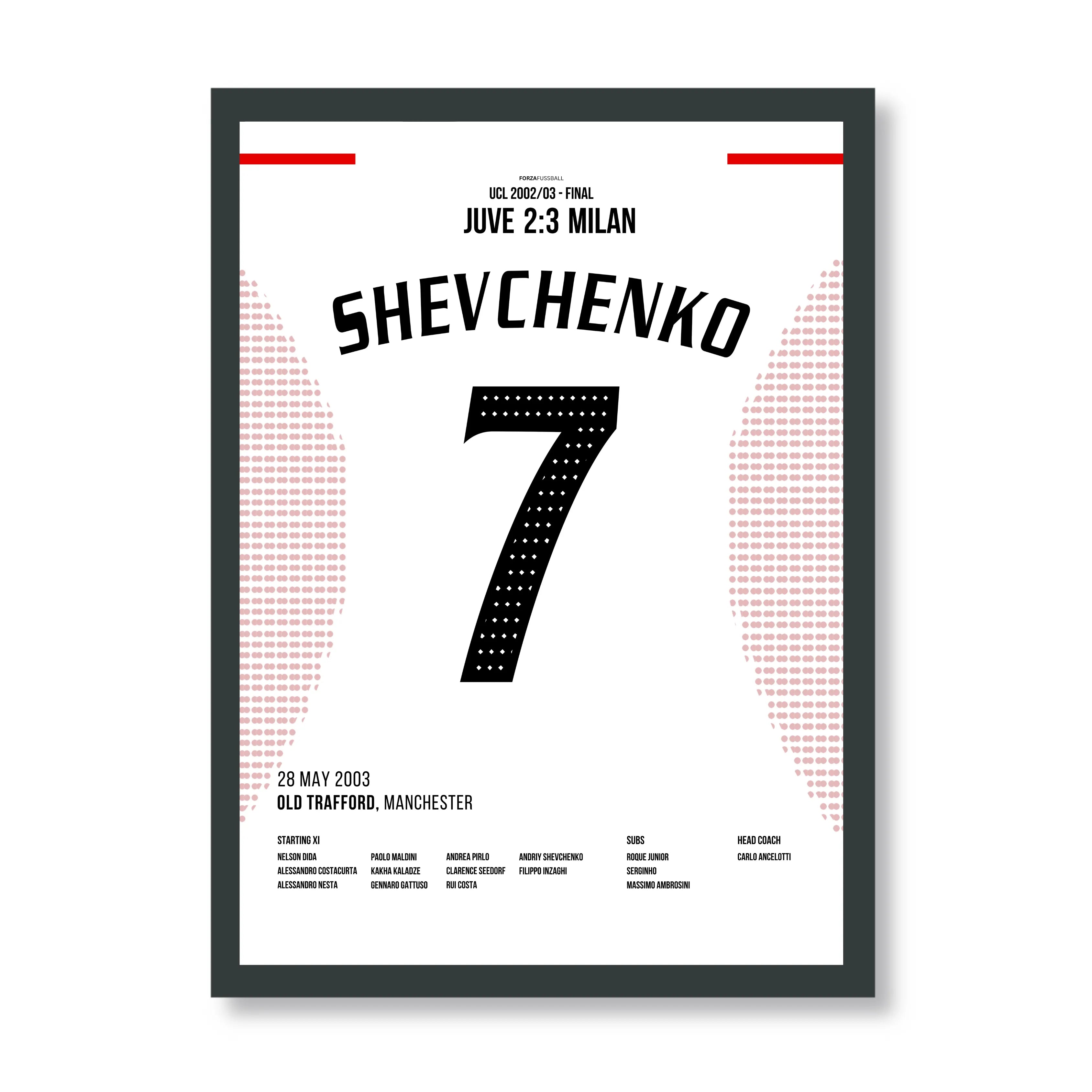 Shevchenko entscheidet das CL Finale 2003 gegen Juve Fußball Poster mit Rahmen