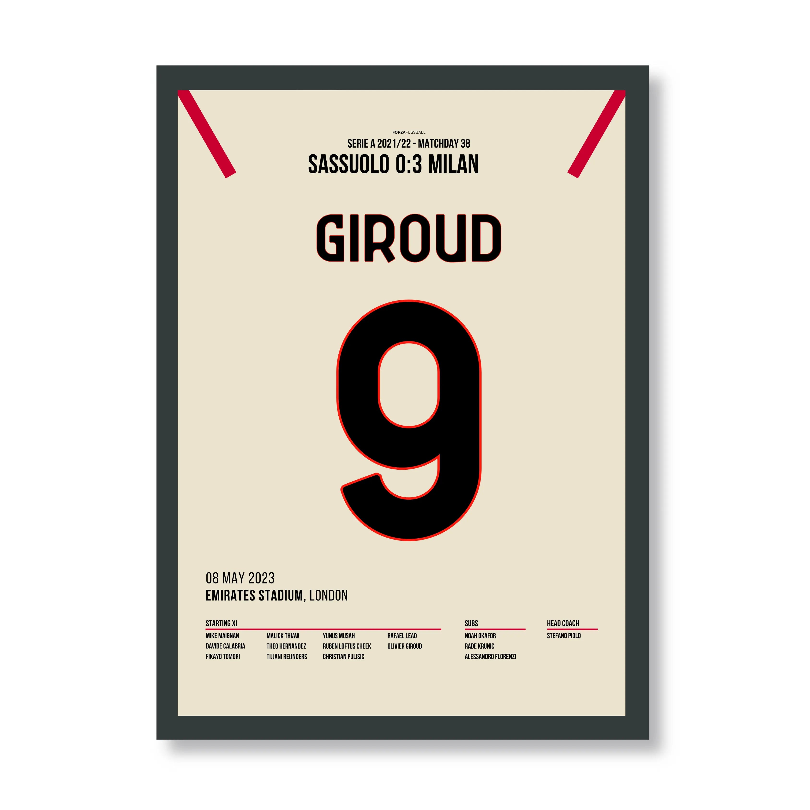 Giroud's Doppelpack vs Sassuolo führt Milan zum Titel Fußball Poster mit Rahmen