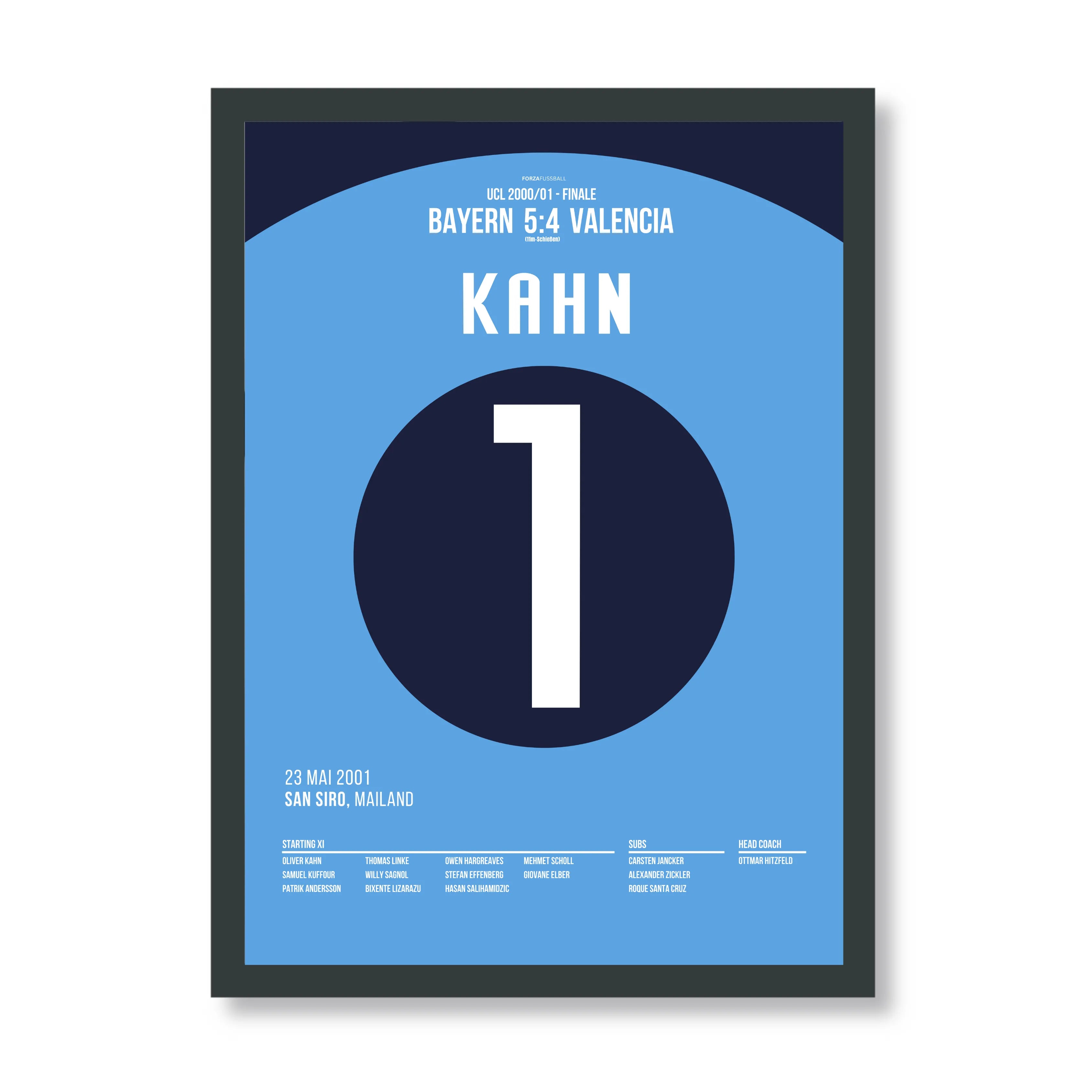 Titan Oliver Kahn hält im CL Finale von 2001 drei Elfmeter Fußball Poster mit Rahmen