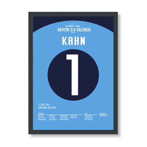 Titan Oliver Kahn hält im CL Finale von 2001 drei Elfmeter Fußball Poster mit Rahmen