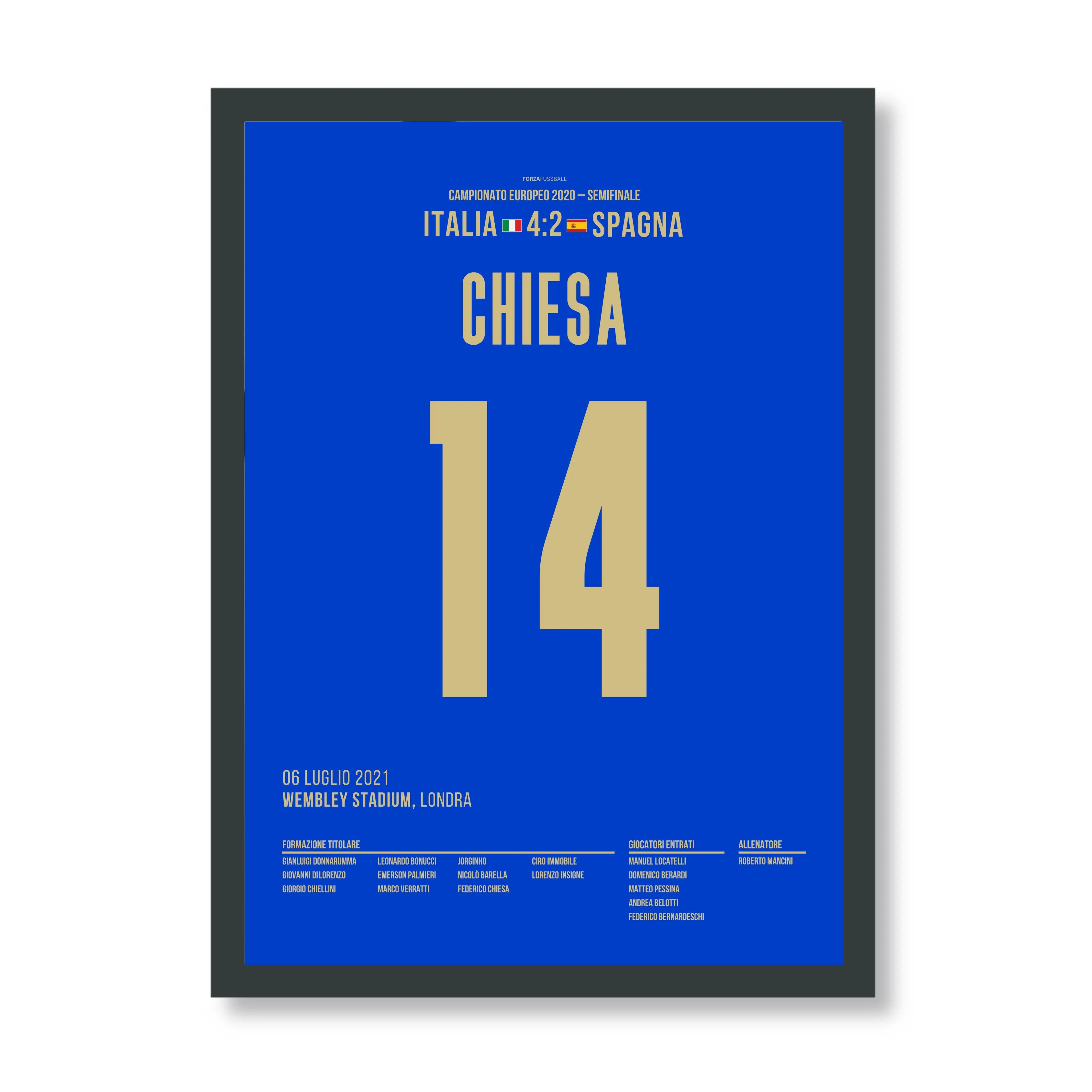 Federico Chiesa mit dem Schlenzer gegen Spanien Fußball Poster mit Rahmen