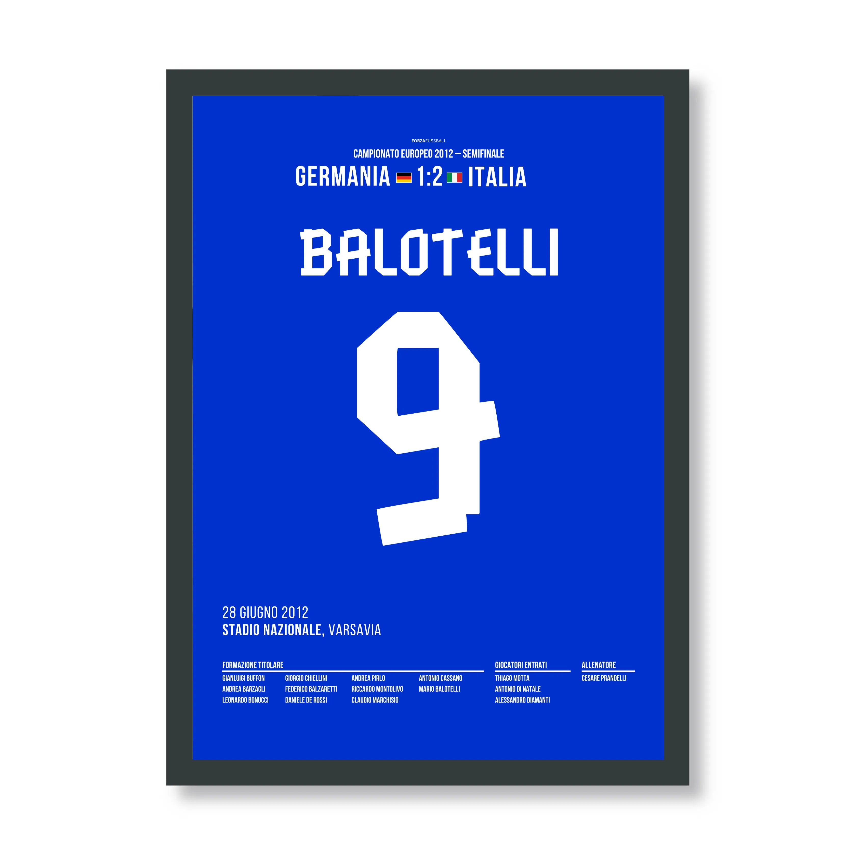 Balotelli´s Doppelpack entscheidet das Halbfinale gegen Deutschland Fußball Poster mit Rahmen