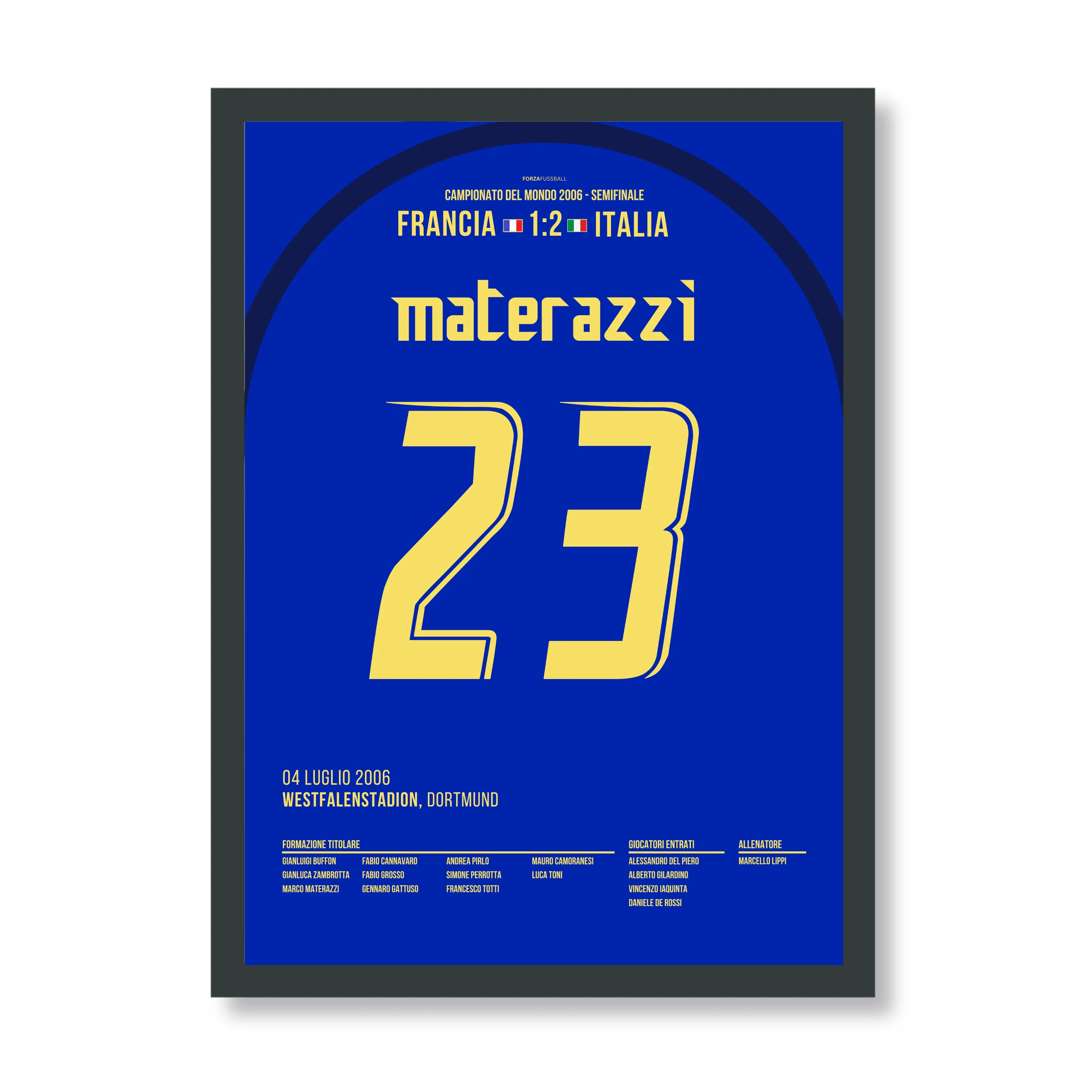 Materazzi köpft Italien Richtung WM Titel 2006 Fußball Poster mit Rahmen