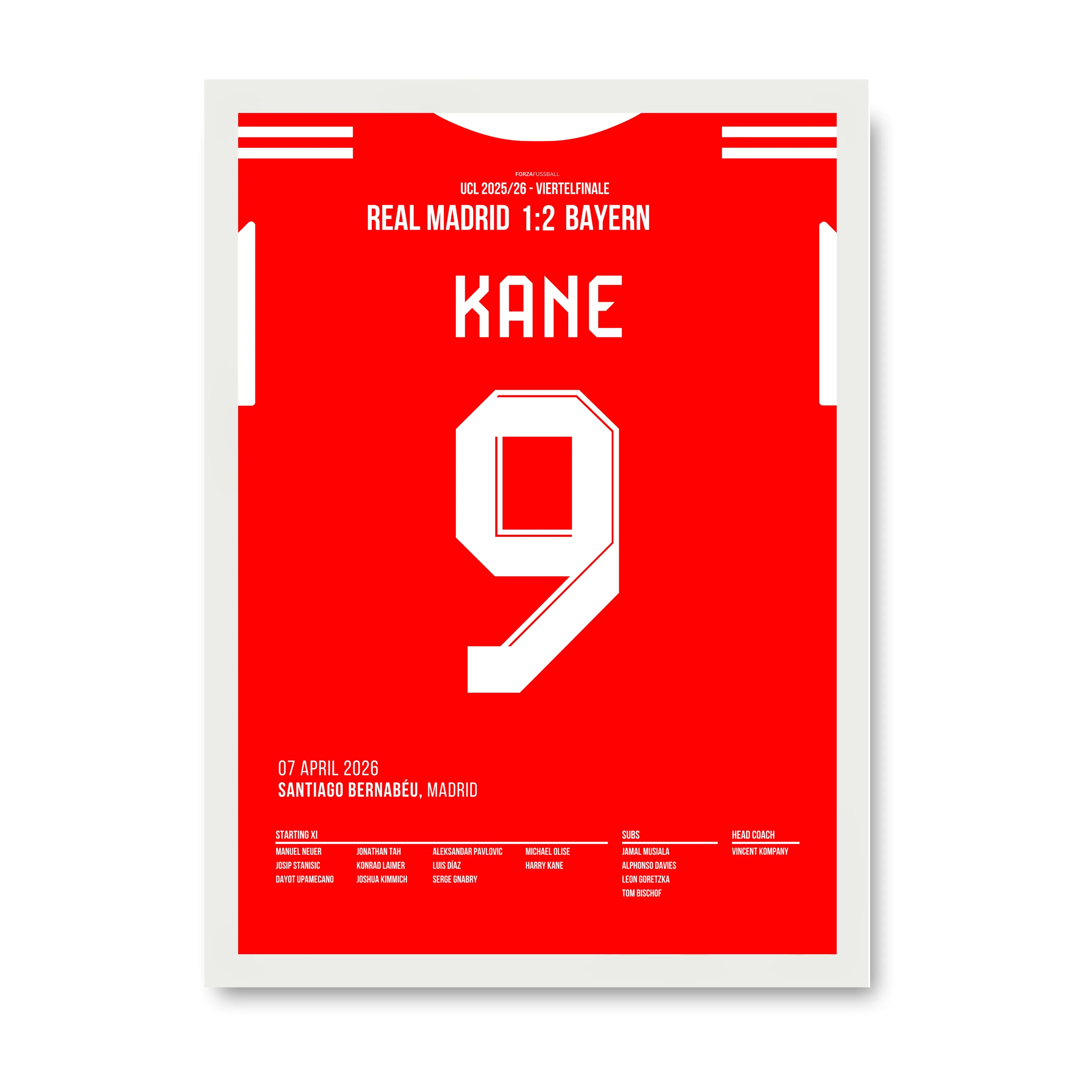 Harry Kane's Schlenzer verstummt das Bernabeu Fußball Poster mit Rahmen