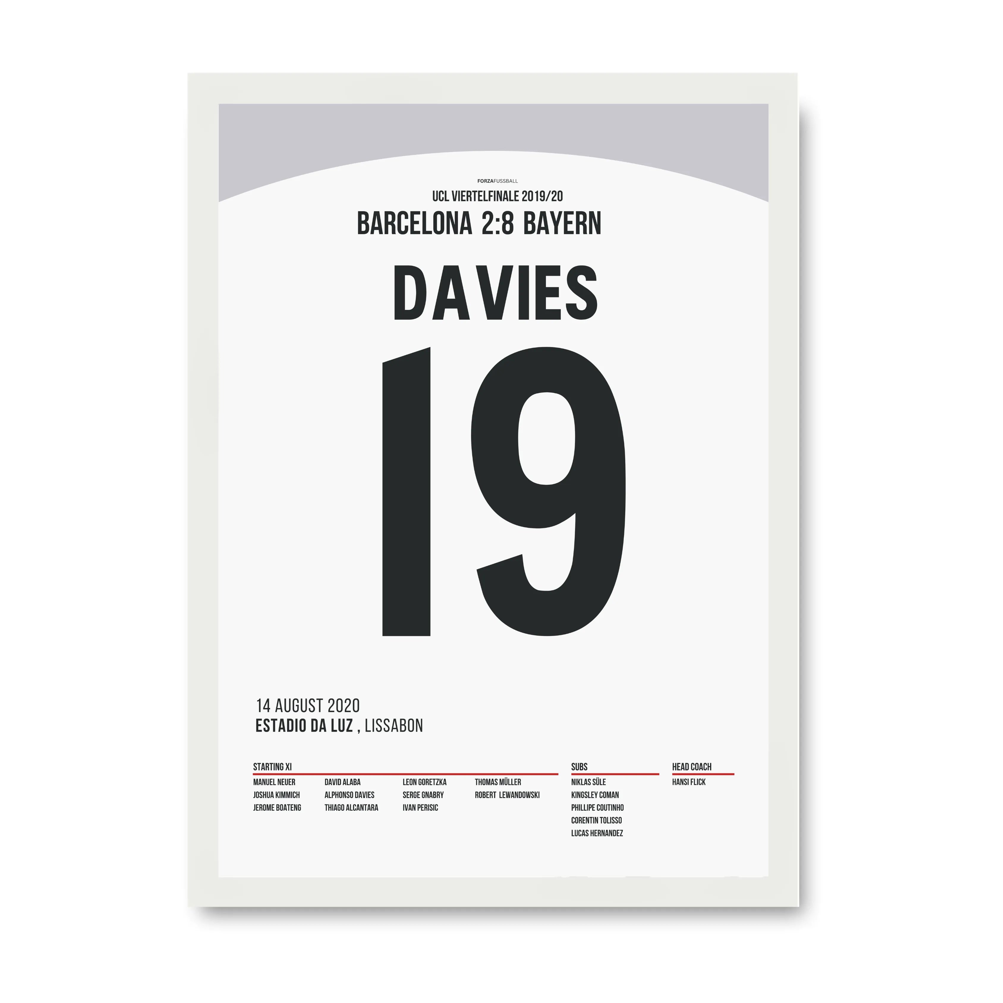 Alphonso Davies tanzt mit Barca´s Abwehr und assistiert Kimmich Fußball Poster mit Rahmen