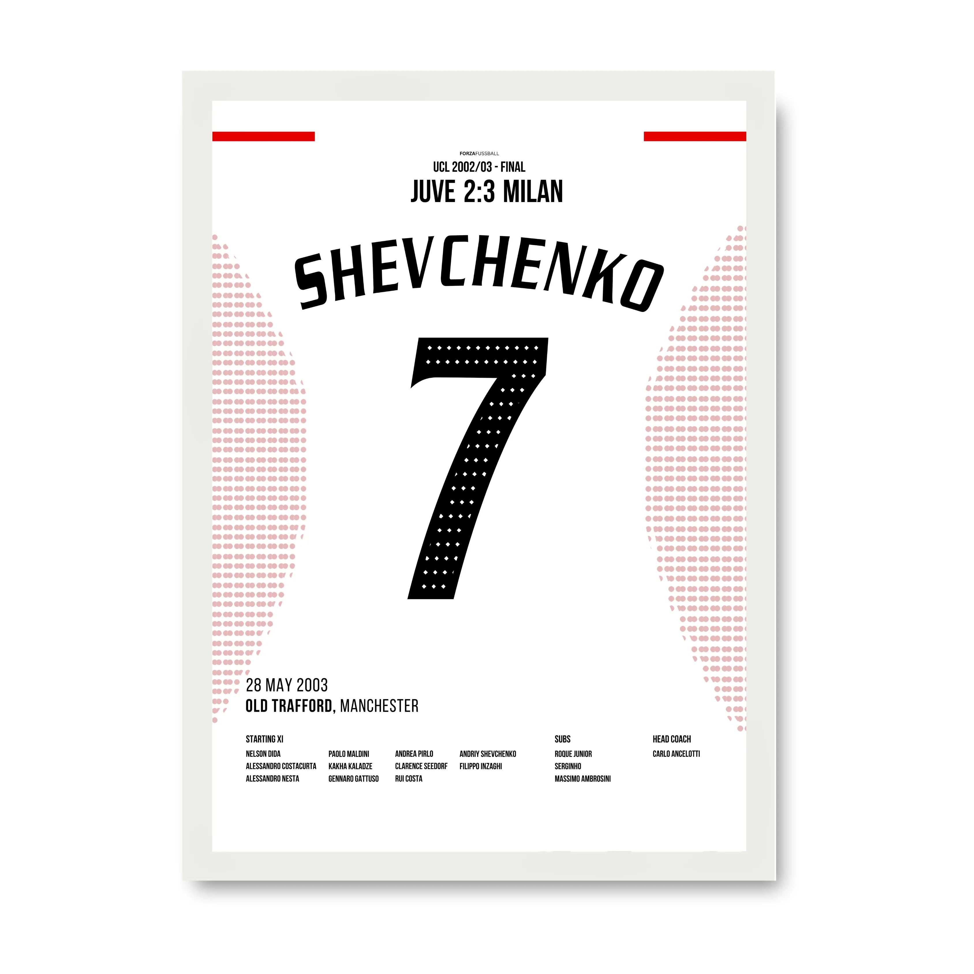 Shevchenko entscheidet das CL Finale 2003 gegen Juve Fußball Poster mit Rahmen