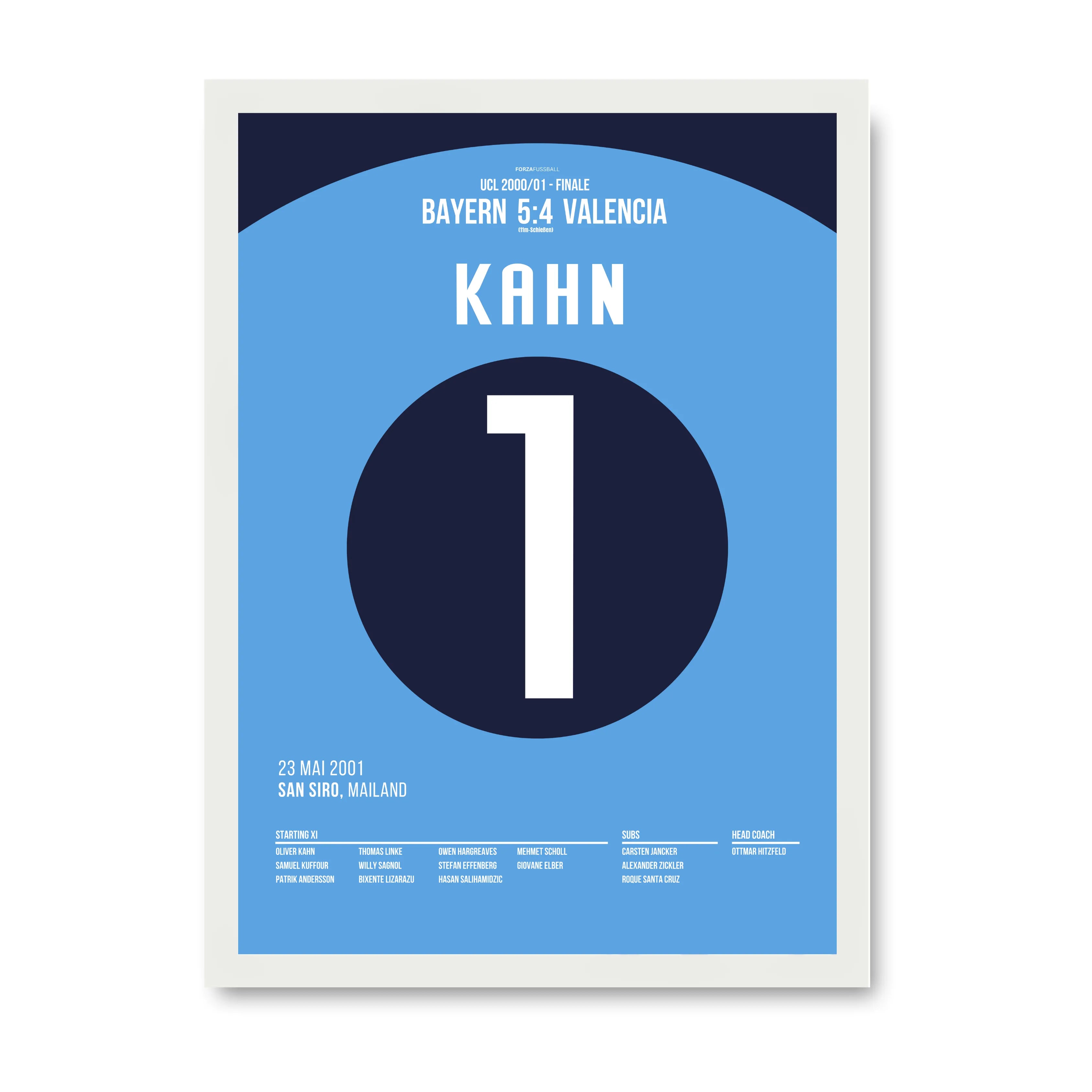 Titan Oliver Kahn hält im CL Finale von 2001 drei Elfmeter Fußball Poster mit Rahmen