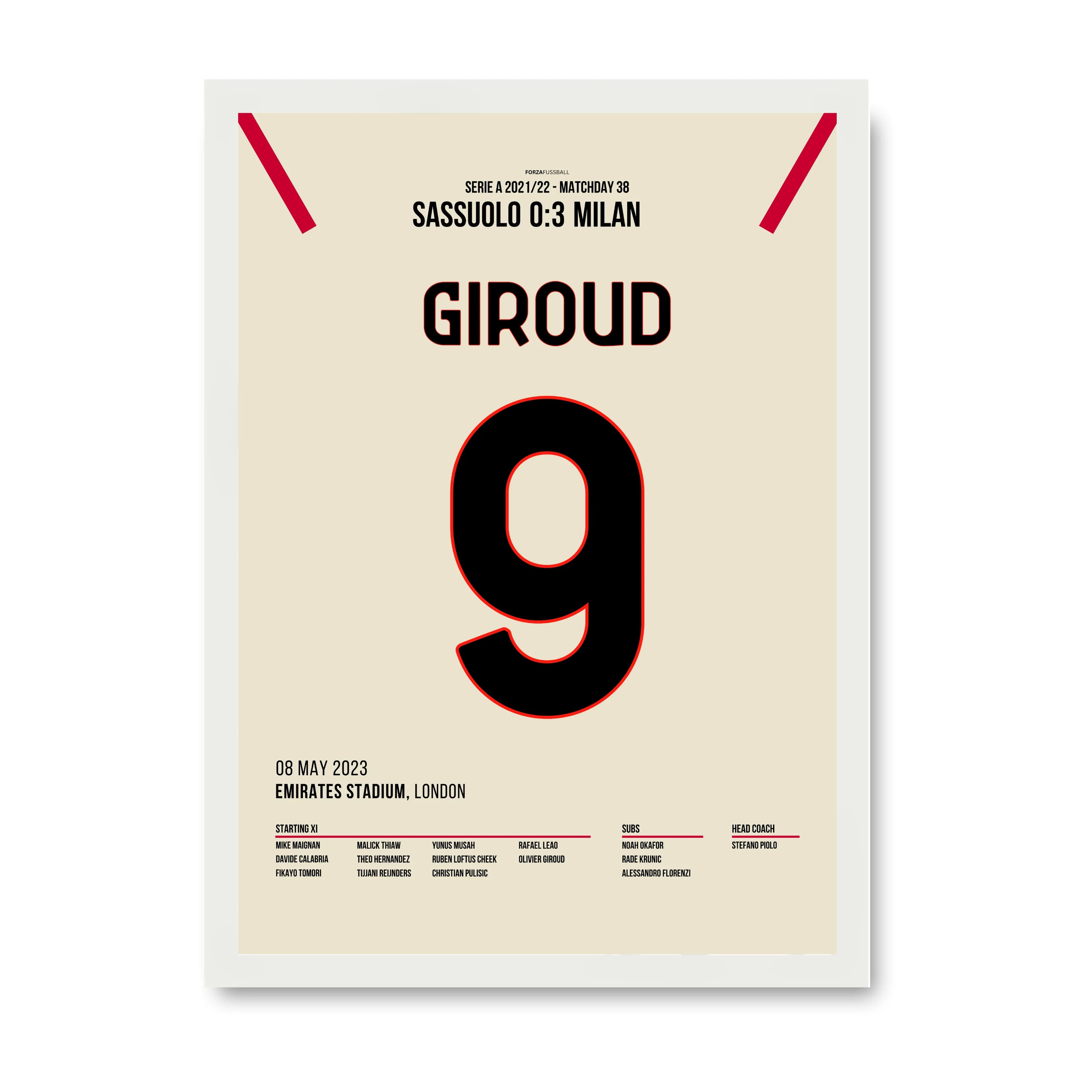 Giroud's Doppelpack vs Sassuolo führt Milan zum Titel Fußball Poster mit Rahmen