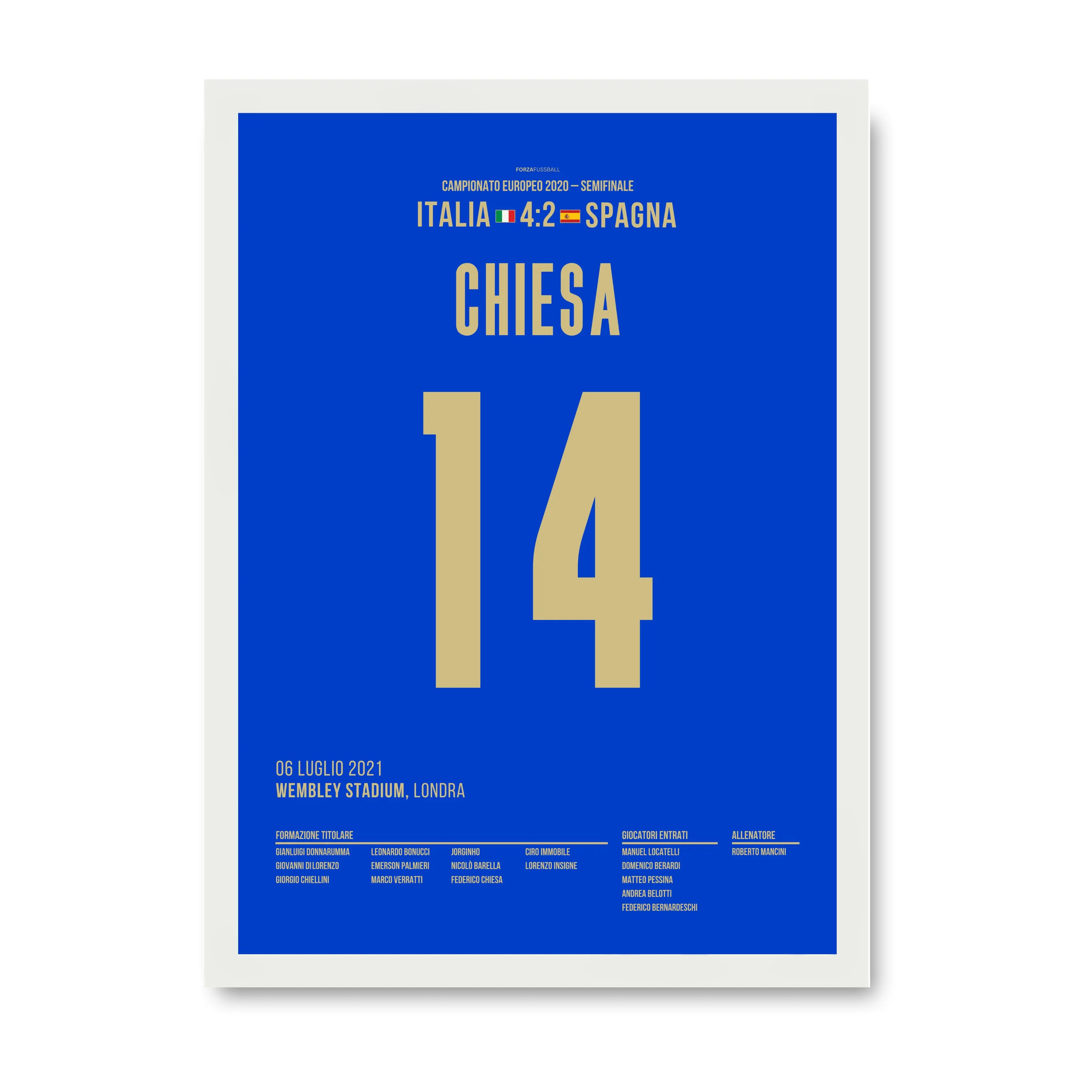 Federico Chiesa mit dem Schlenzer gegen Spanien Fußball Poster mit Rahmen