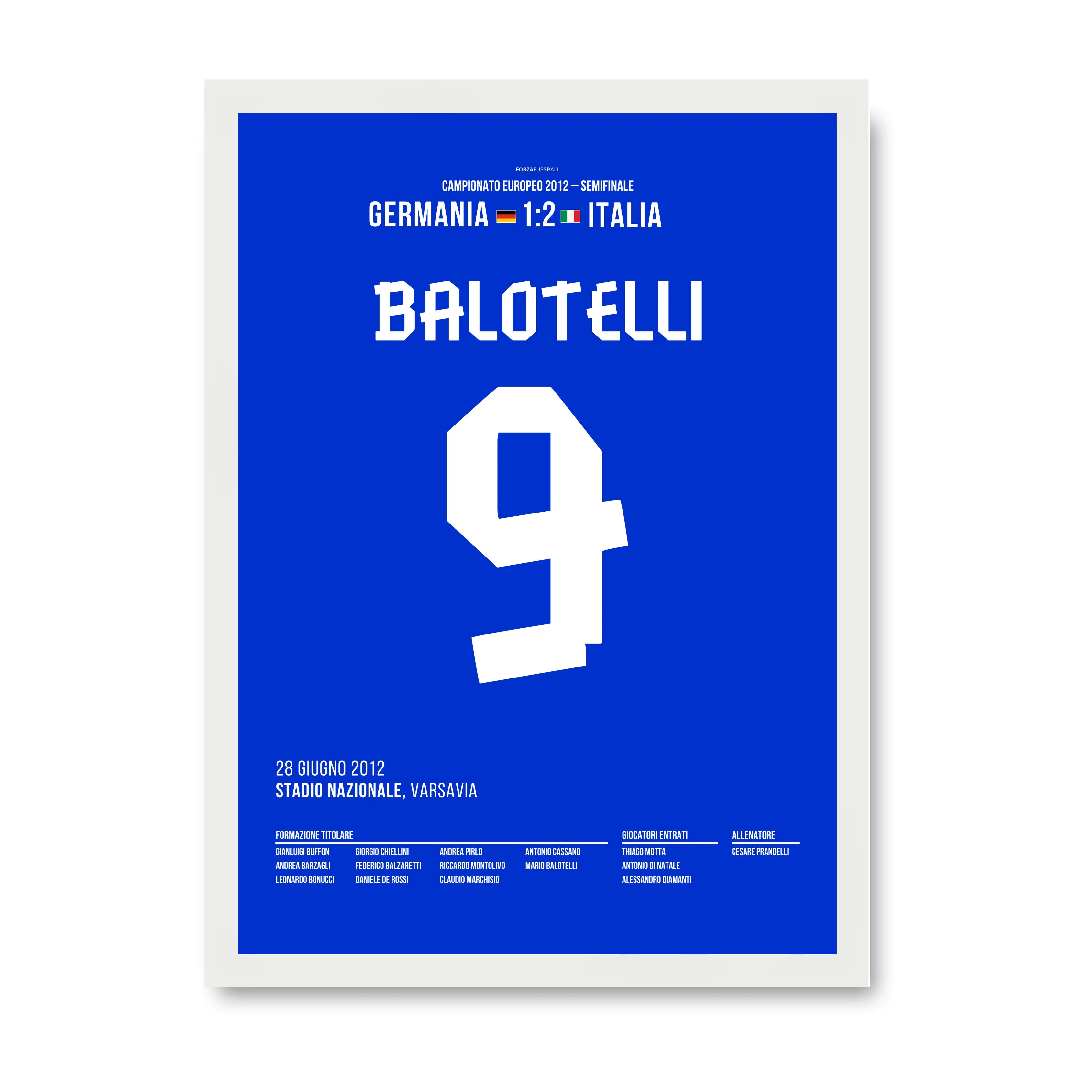 Balotelli´s Doppelpack entscheidet das Halbfinale gegen Deutschland Fußball Poster mit Rahmen
