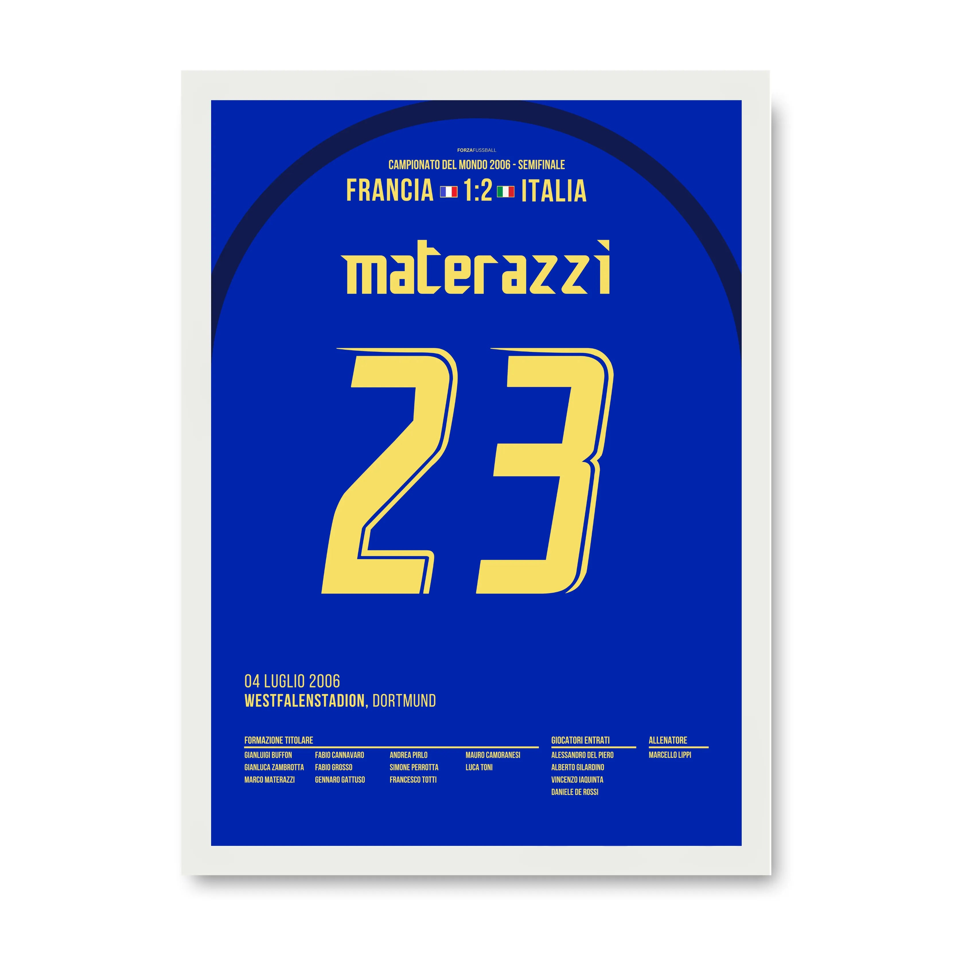 Materazzi köpft Italien Richtung WM Titel 2006 Fußball Poster mit Rahmen