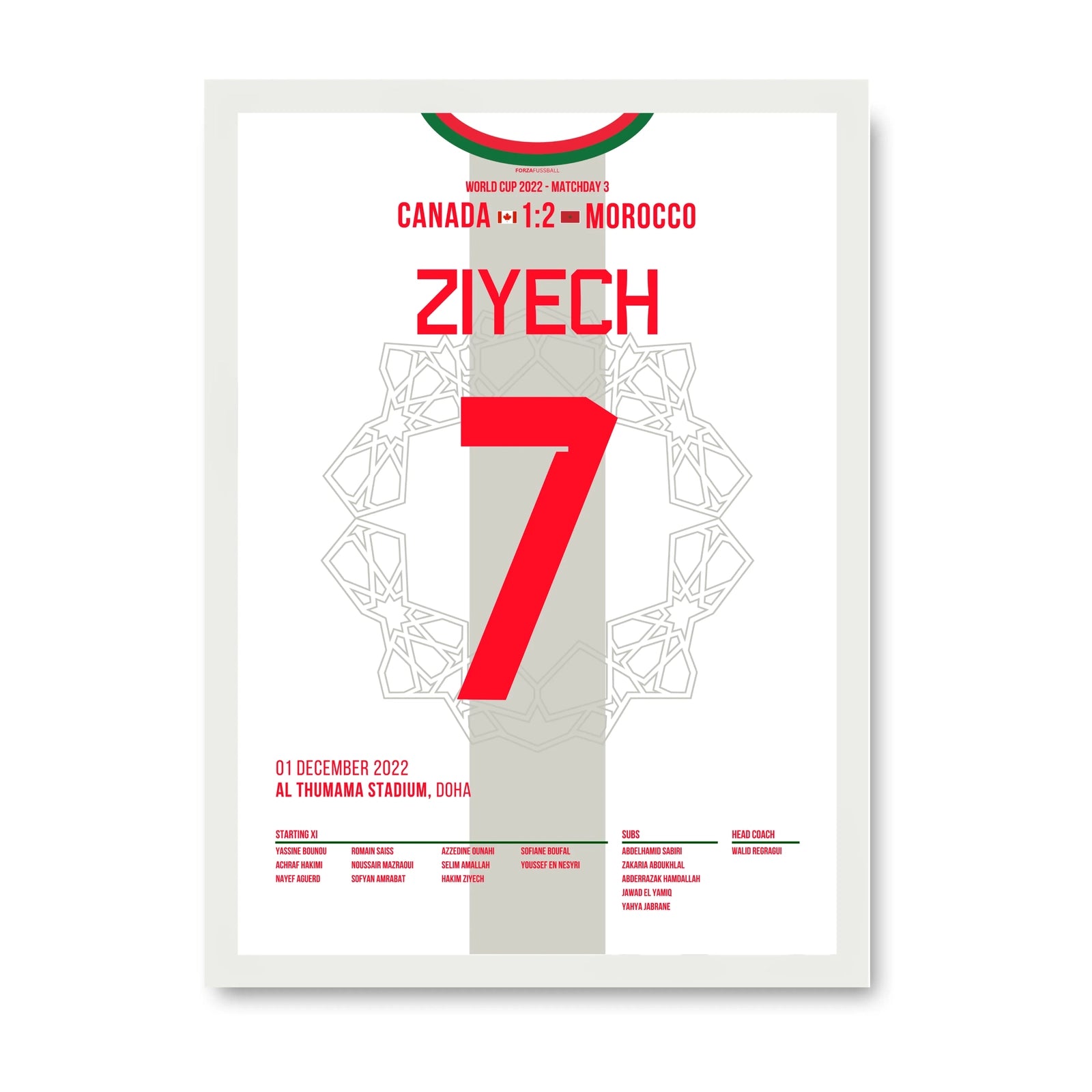 Ziyech führt Marokko gegen Kanada ins WM Achtelfinale Fußball Poster mit Rahmen