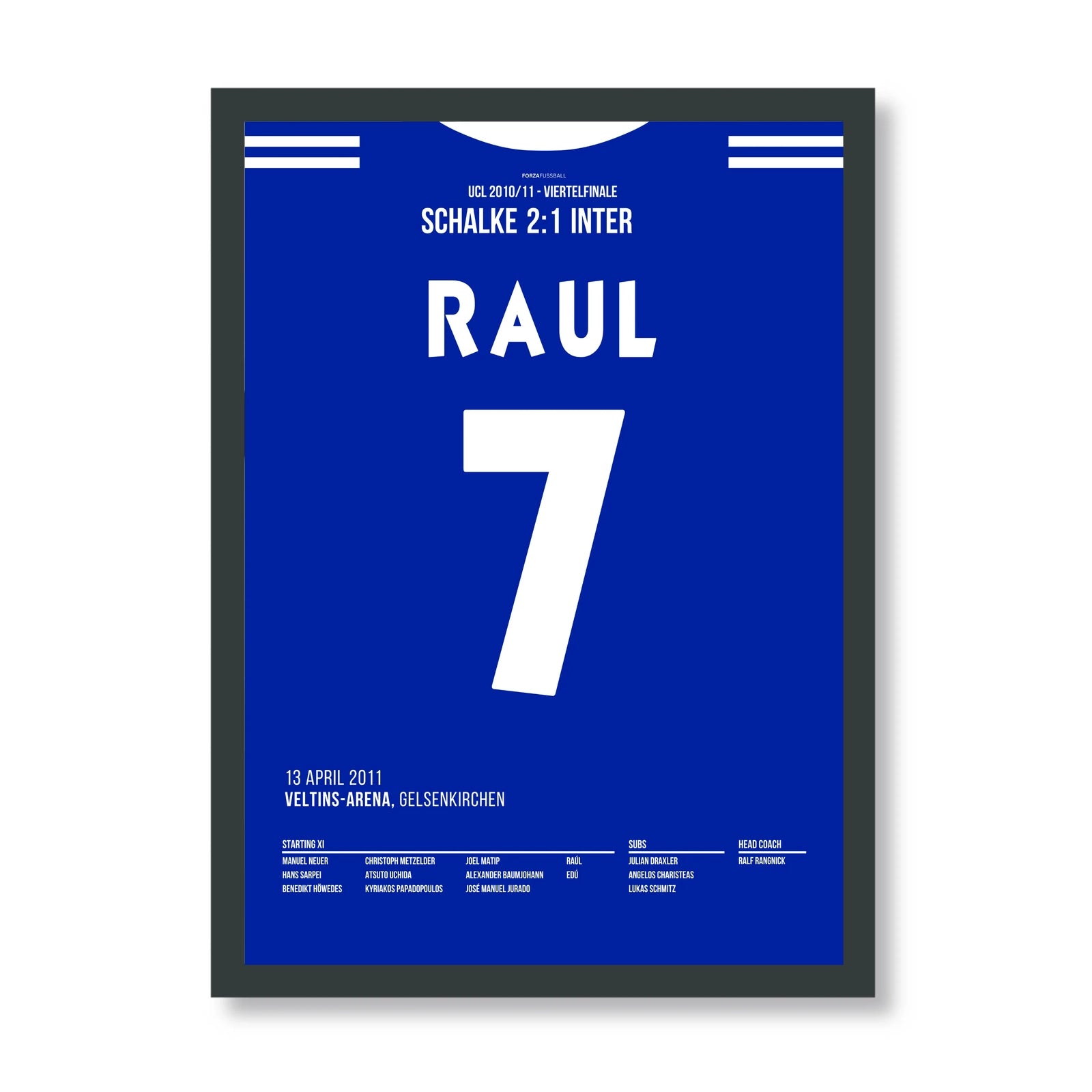 Raul und Schalke werfen Titelverteidiger Inter aus der UCL Fußball Poster mit Rahmen