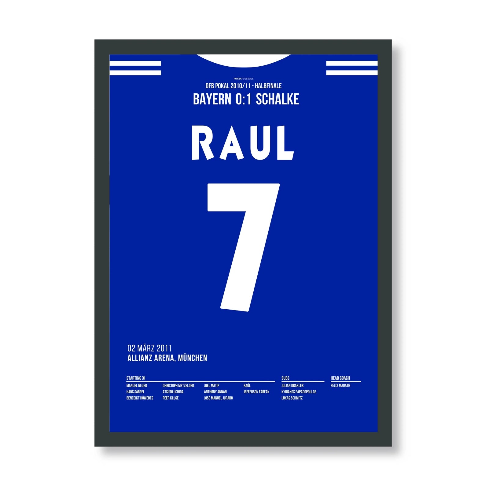 Raul köpft Schalke gegen die Bayern ins Pokalfinale 2011 Fußball Poster mit Rahmen