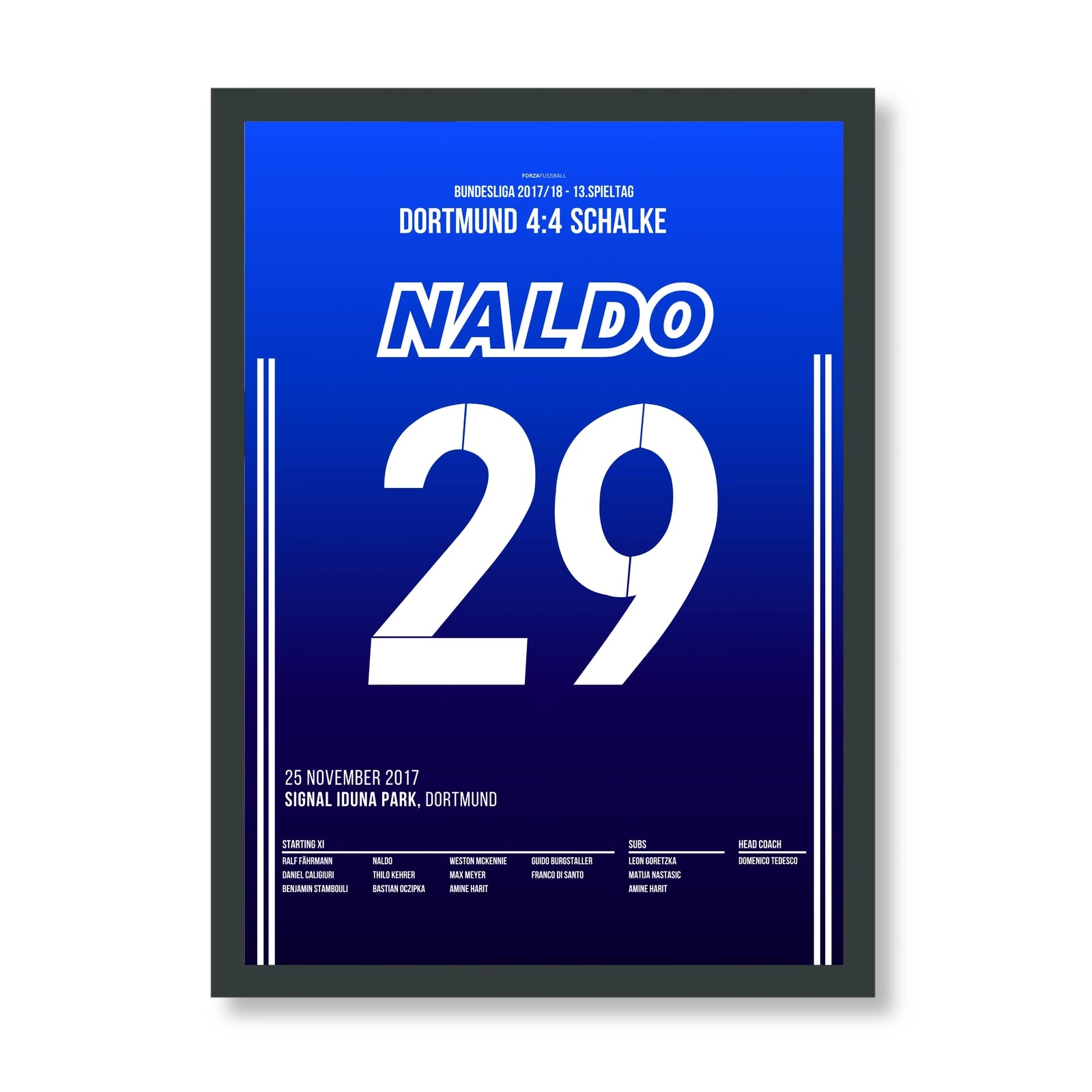 Naldo wird Schalke's Derbyhero beim 4:4 in Dortmund Fußball Poster mit Rahmen