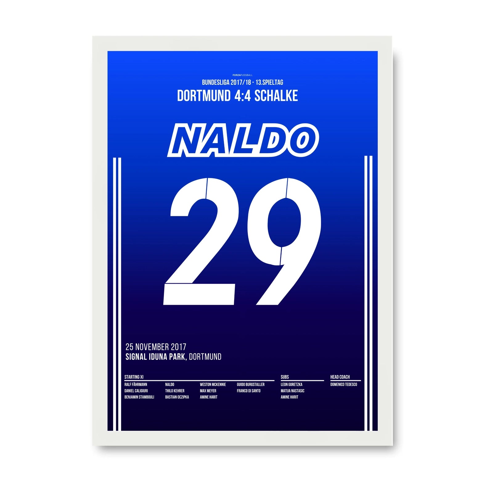 Naldo wird Schalke's Derbyhero beim 4:4 in Dortmund Fußball Poster mit Rahmen