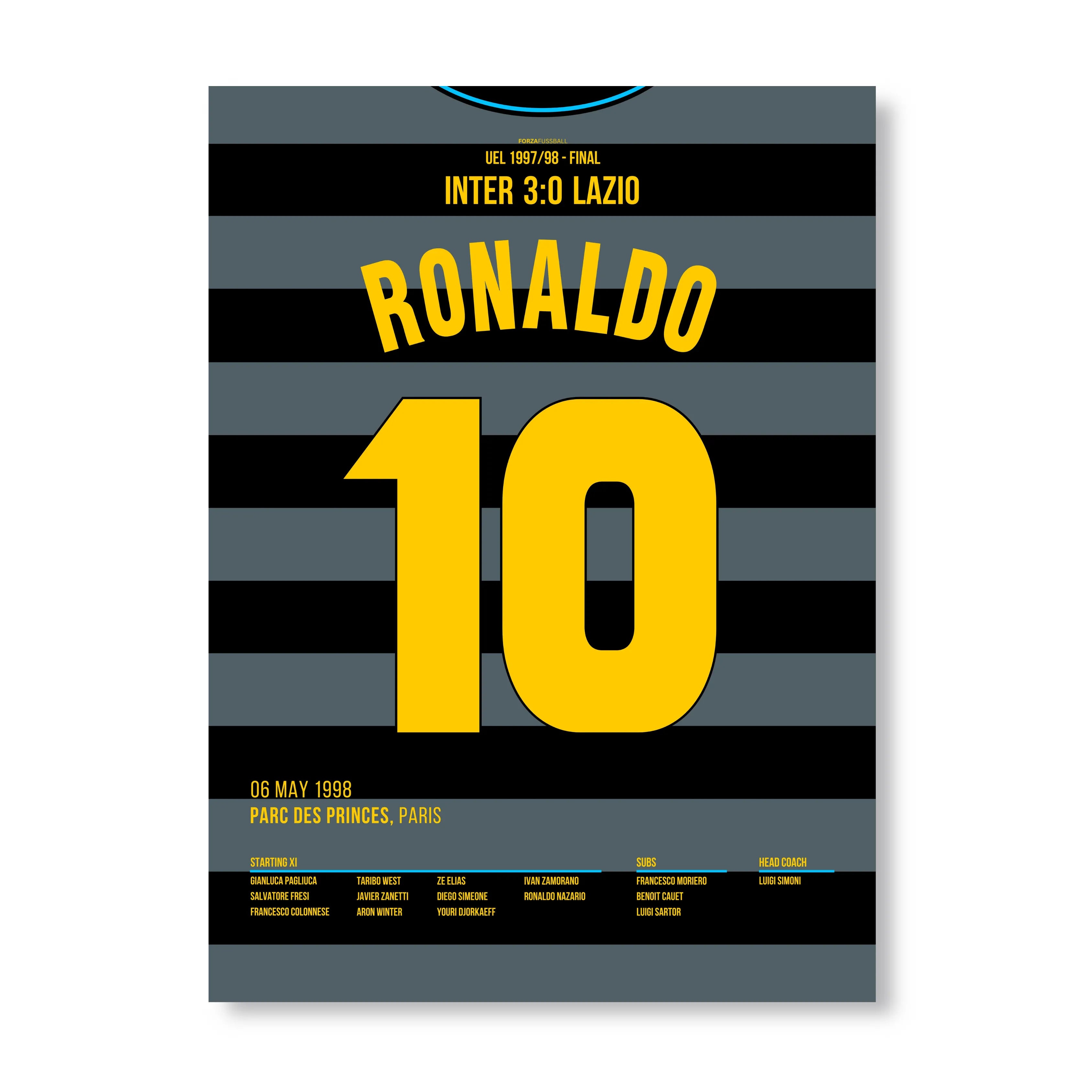 Fenomeno! Ronaldo mit legendären Übersteigertor im Uefa Cup Finale 1998 Fußball Poster mit Rahmen