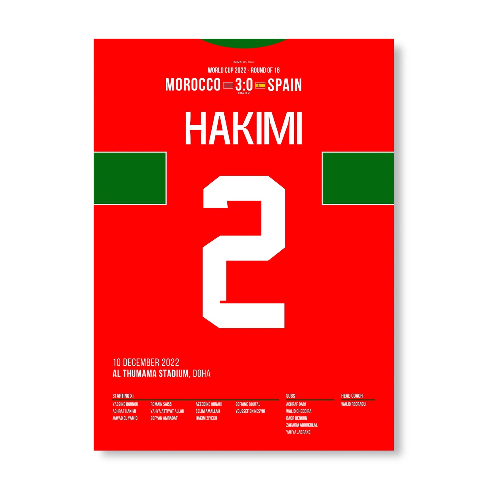 Hakimi mit Panenka! Marokko schlägt Spanien im Elfmeterschießen Fußball Poster mit Rahmen