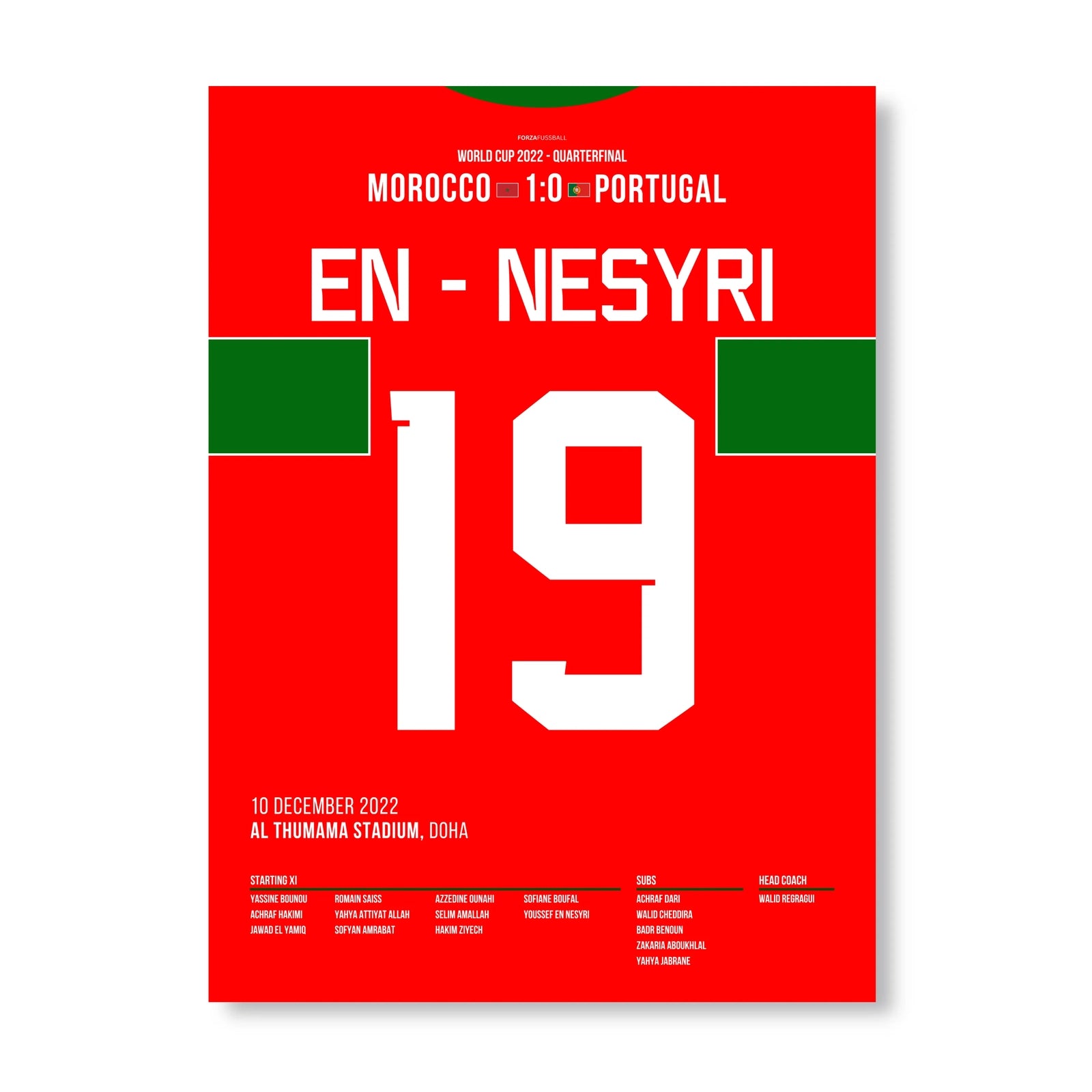 En-Nesyri führt Marokko als erstes afrikanisches Land in ein WM-Halbfinale Fußball Poster mit Rahmen
