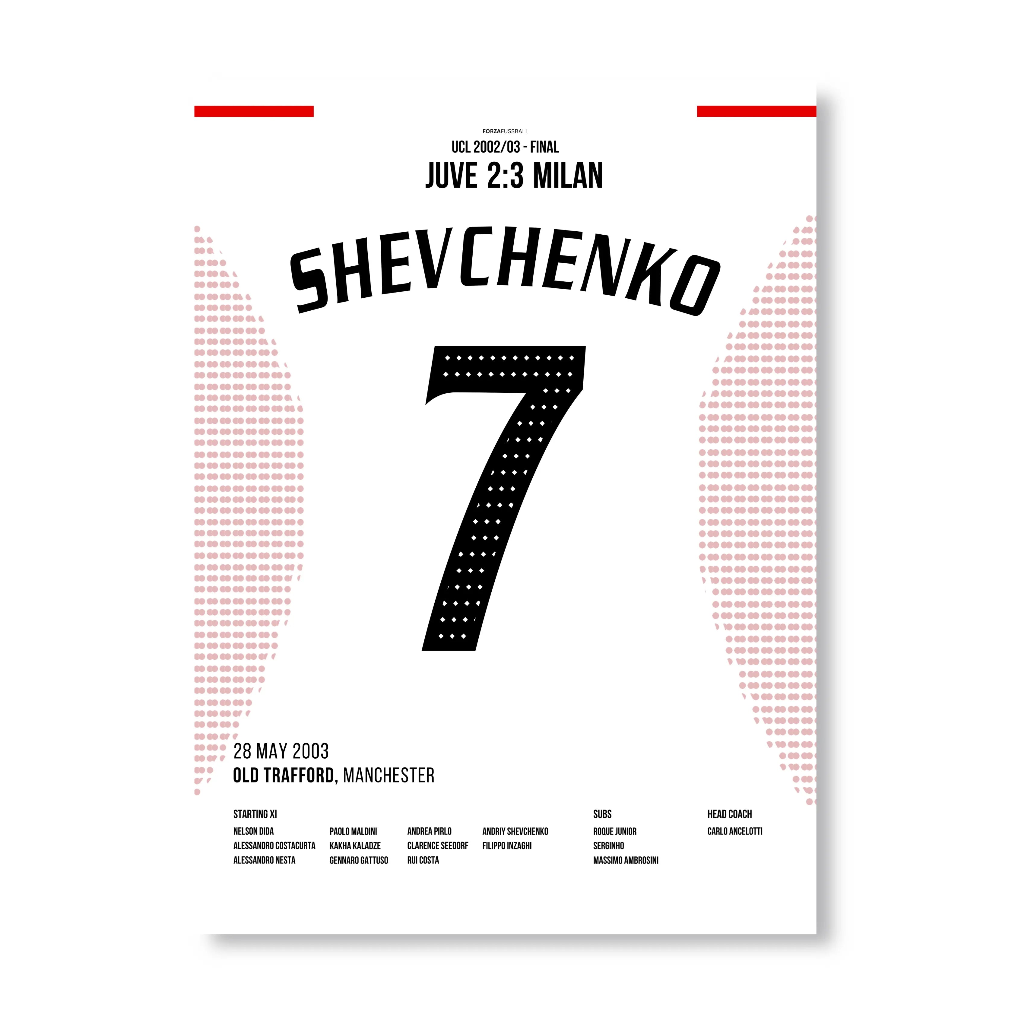Shevchenko entscheidet das CL Finale 2003 gegen Juve Fußball Poster mit Rahmen